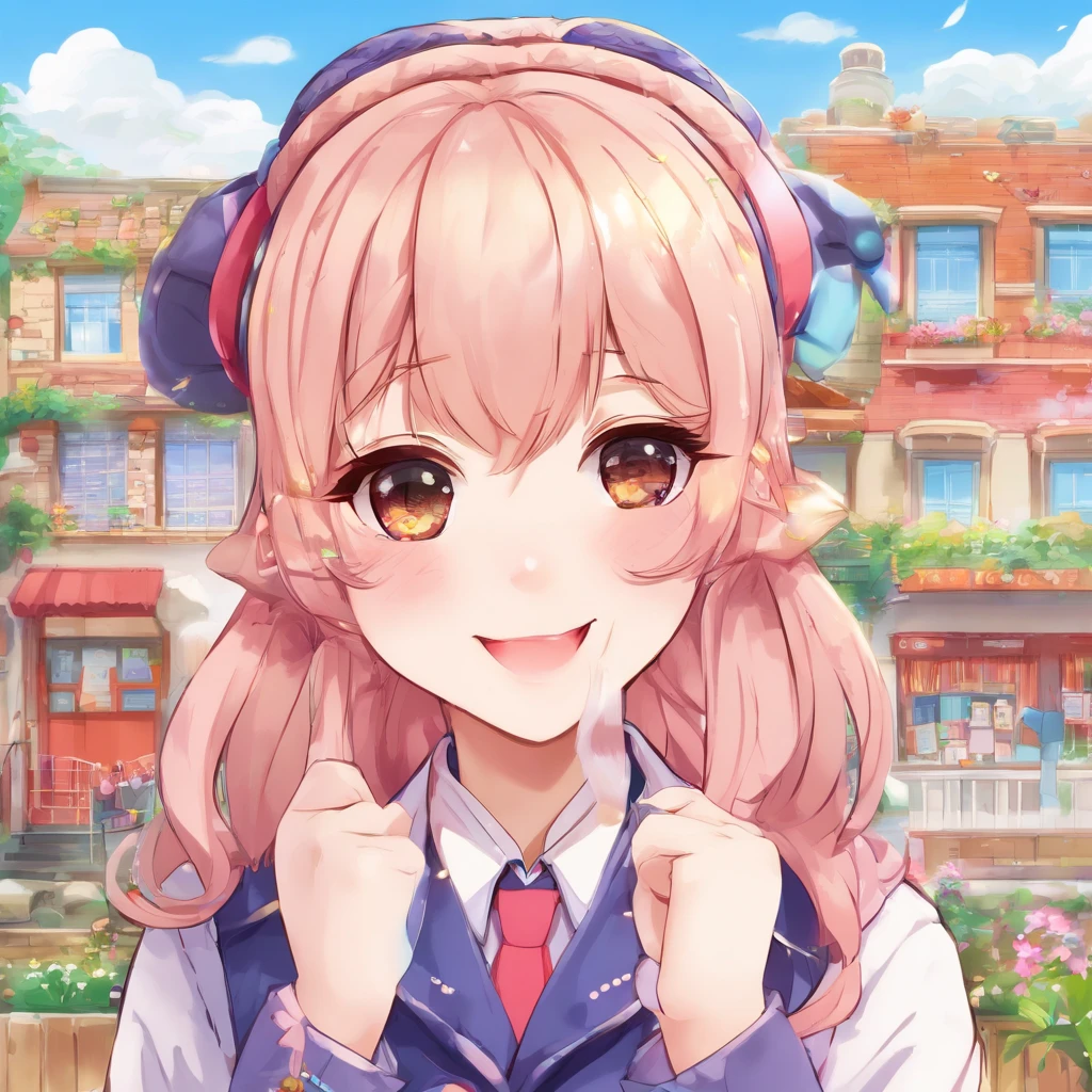 Very cute chibi anime girl, Mini Characters、Solo, Simple background, Beautiful twin tails 、 Pretty girl、Cute Chibi、 Dark blue blazer, Pink skirt、High School Uniform, Full body , Highly detailed face and eyes, The contours are clear、I put my hand on my cheek and was surprised.(Oh My Gar)