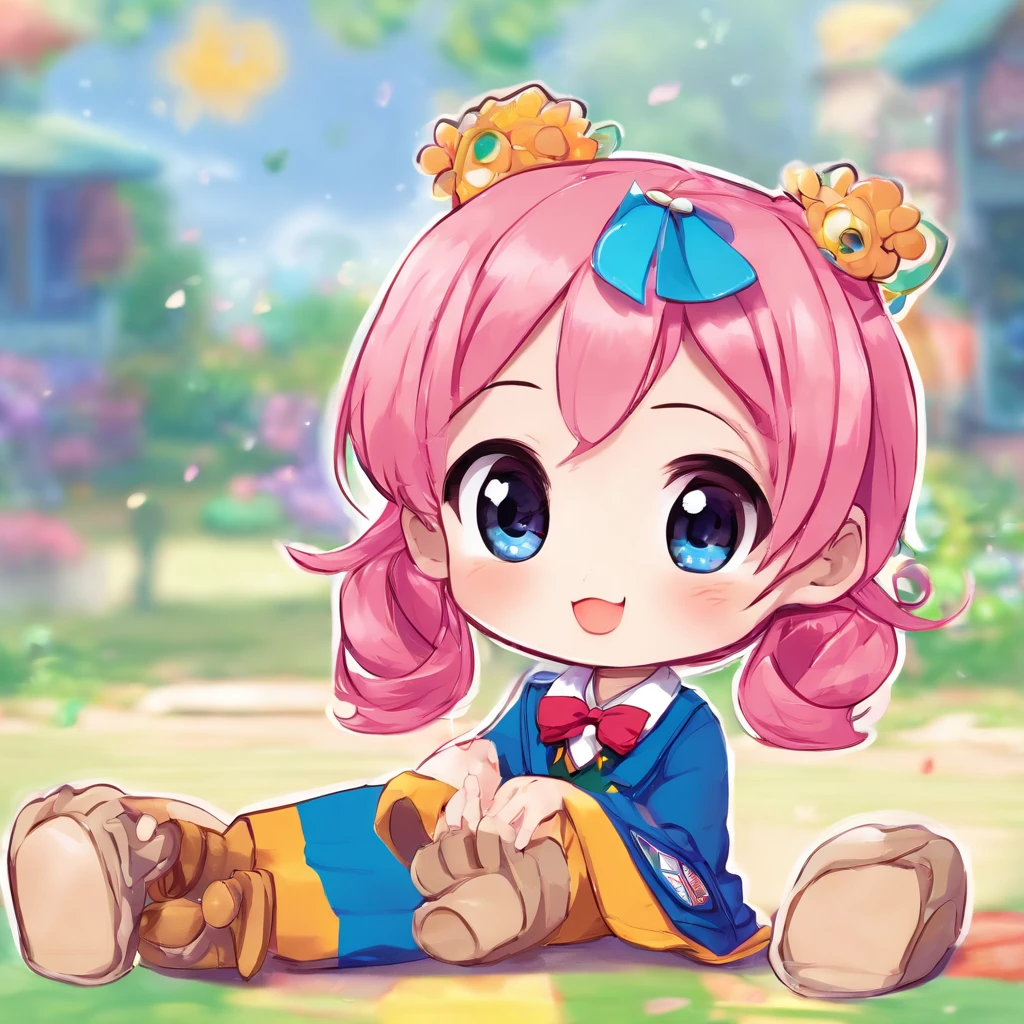 Very cute chibi anime girl, Mini Characters、Solo, Simple background, Beautiful twin tails 、 Pretty girl、Cute Chibi、 Dark blue blazer, Pink skirt、High School Uniform, Full body , Highly detailed face and eyes, The contours are clear、I put my hand on my cheek and was surprised.(Oh My Gar)