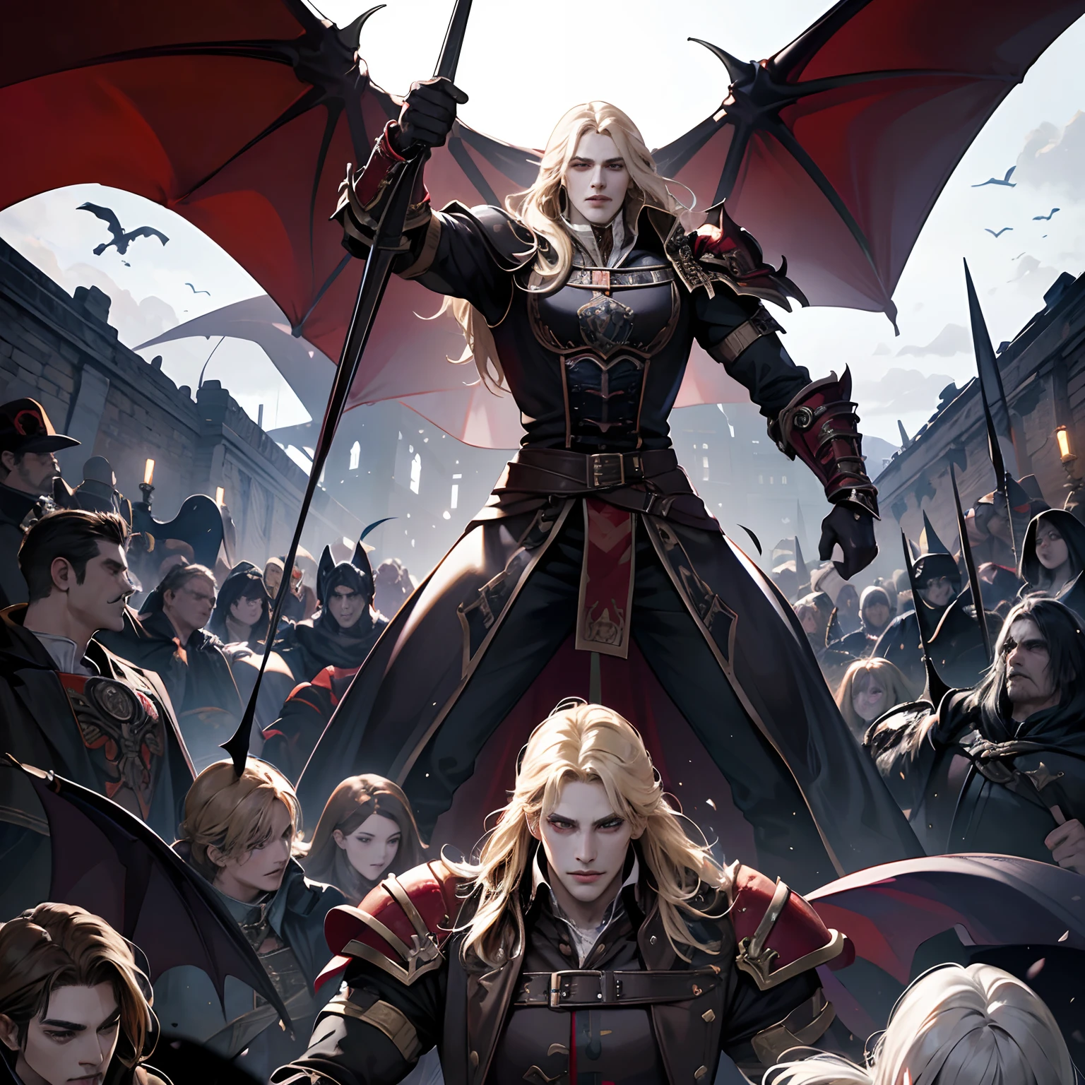 Castlevania Shadow Lord handsome muscular yet armor Lord Dracula leading troops armed with demons to war hyper realistic super detailed Dynamic pose super detailed faces hyper realistic super detailed