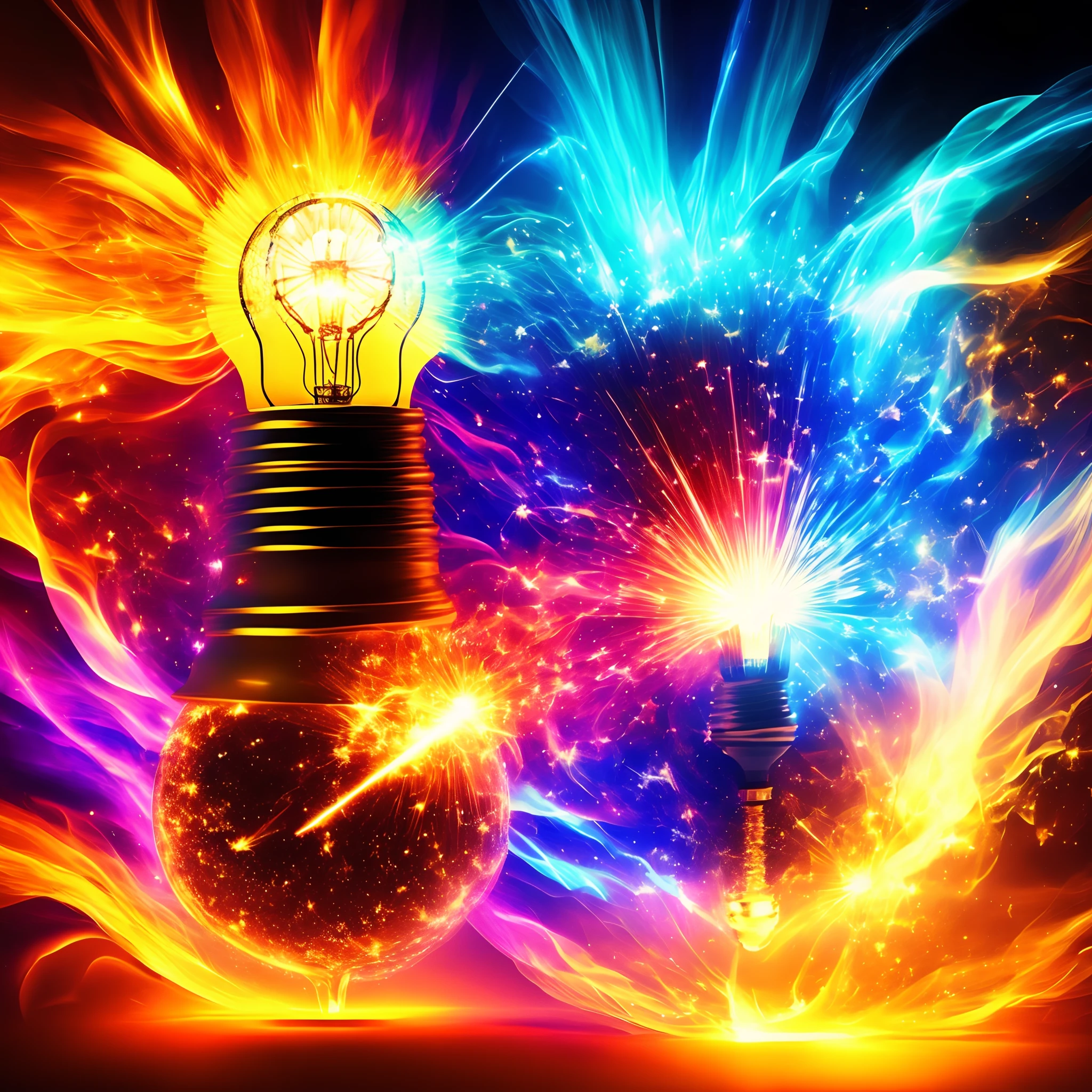 Light bulb, explosion of brilliant light bursts from the light bulb, enlightenment, new idea, vivid colours, epic fantasy, joy