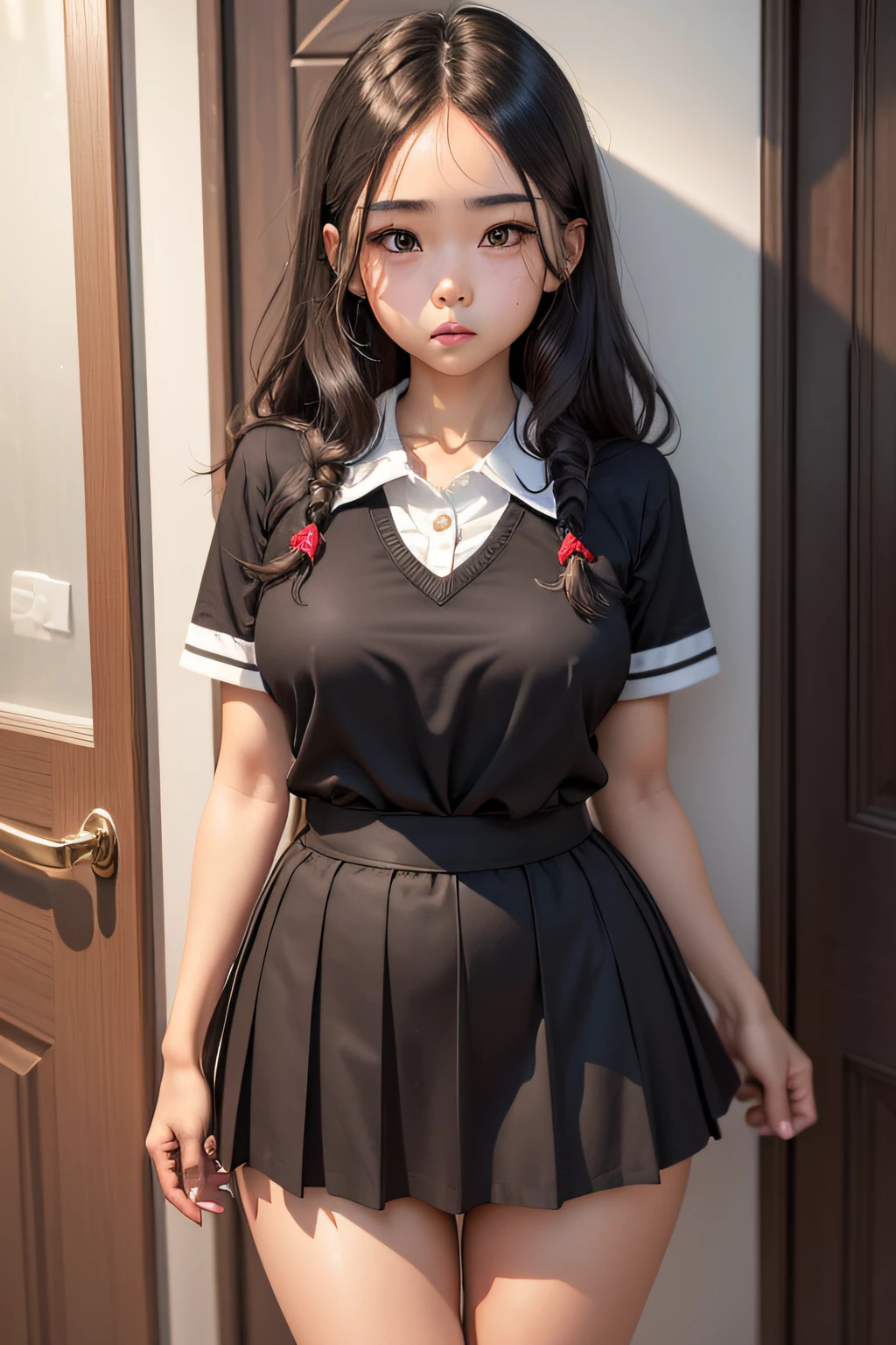 1 18-year-old girl，cabelos preto e longos、Good facial features，largeeyes，tiny mouth，JK school uniform，Chest leakage，Short skirt，Sweet youth，Standing in the doorway