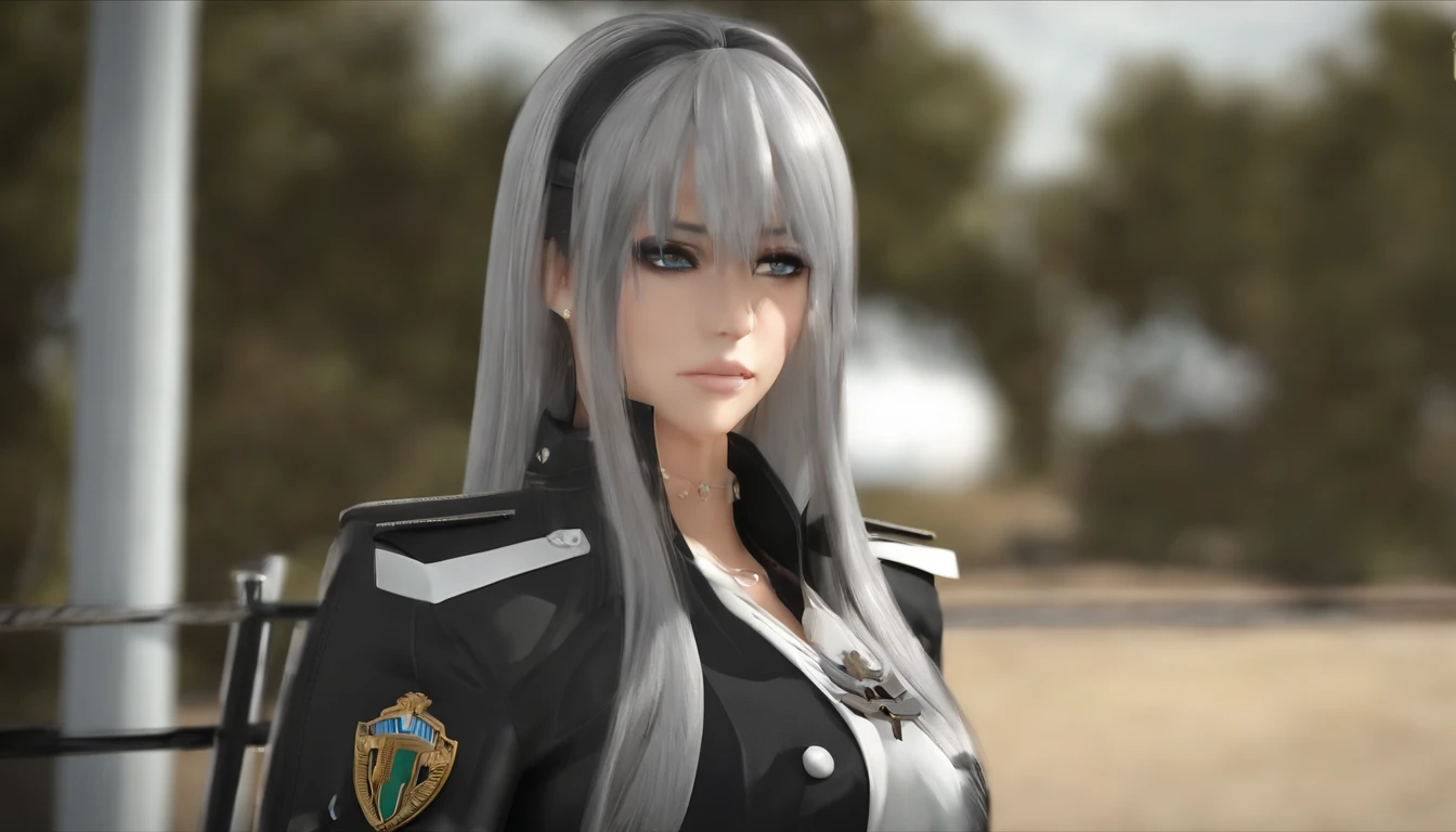 sozinho, retrato, 1girl, seios, Esdeath, clivagem, Gargantilha, sozinho, cabelos longos, dentes cerrados, seios grandes, Uniforme militar, dente, gargantilha preta, franja separada, suit jacket, 鎖骨, dentro, (((master part))), (extremely high quality), ((rosto perfeito)), olhos muito profundos, (Cinematic lighting), Olhos detalhados, melhor qualidade, Bishoujo, luz lateral, Altas, (detalhes intrincados), tampa com pico,