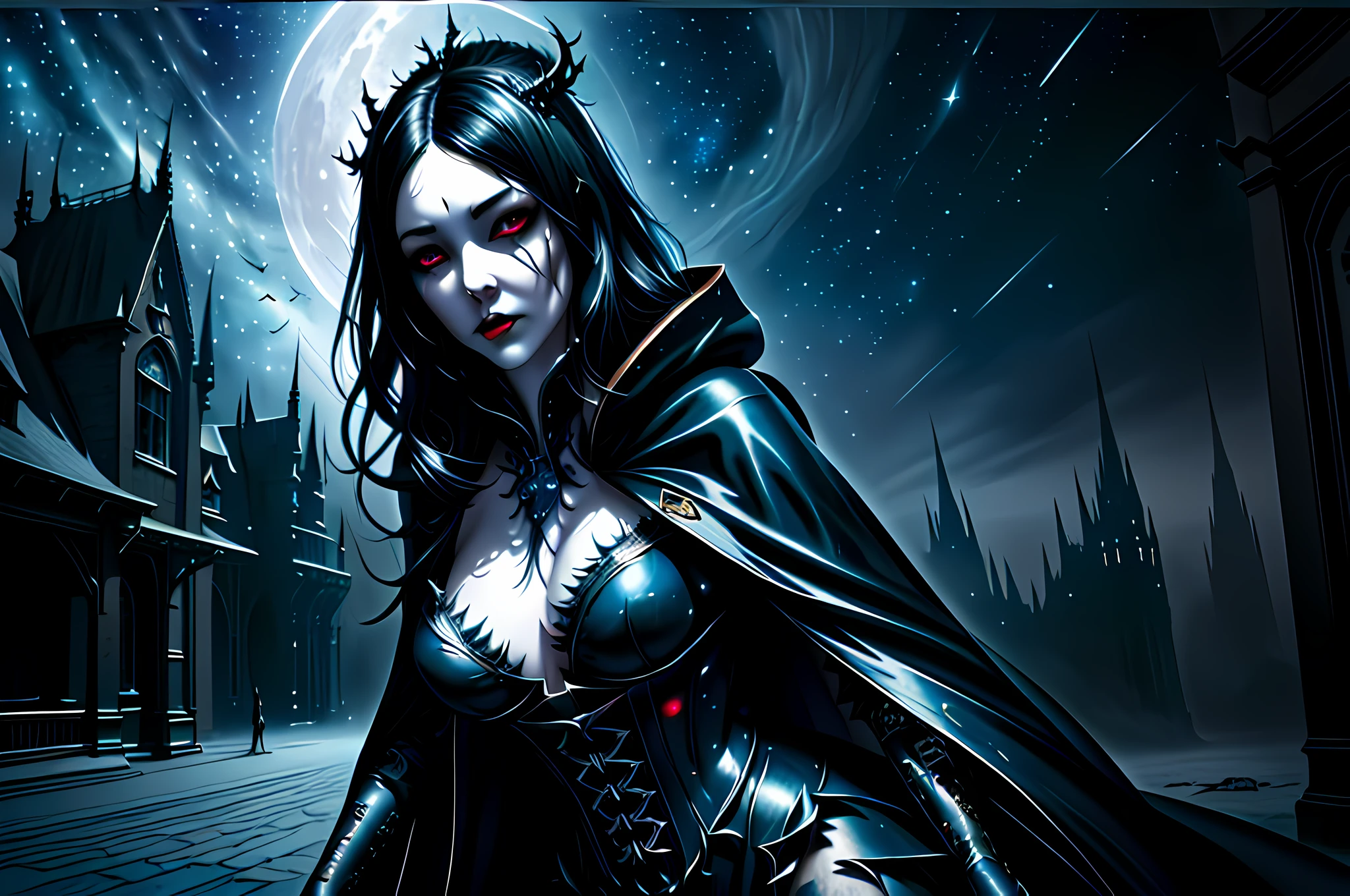 a picture of an exquisite beautiful gothic woman standing under the starry night sky on the porch of her castle, dynamic angle (ultra detailed, Masterpiece, best quality), ultra detailed face (ultra detailed, Masterpiece, best quality), ultra feminine, (black skin: 1.3), black hair, wavy hair, dynamic eyes color, cold eyes, glowing eyes, intense eyes, dark red lips, [fangs: 1.2], wearing white dress (ultra detailed, Masterpiece, best quality), wearing blue cloak (ultra detailed, Masterpiece, best quality), long cloak, flowing cloak (ultra detailed, Masterpiece, best quality), wearing high heeled boots, sky full of stars background, moon, bats flying about, high details, best quality, 8k, [ultra detailed], masterpiece, best quality, (ultra detailed), full body, ultra wide shot, photorealism, dark fantasy art, dark fantasy art, gothic art, many stars, dark fantasy art, gothic art, sense of dread,