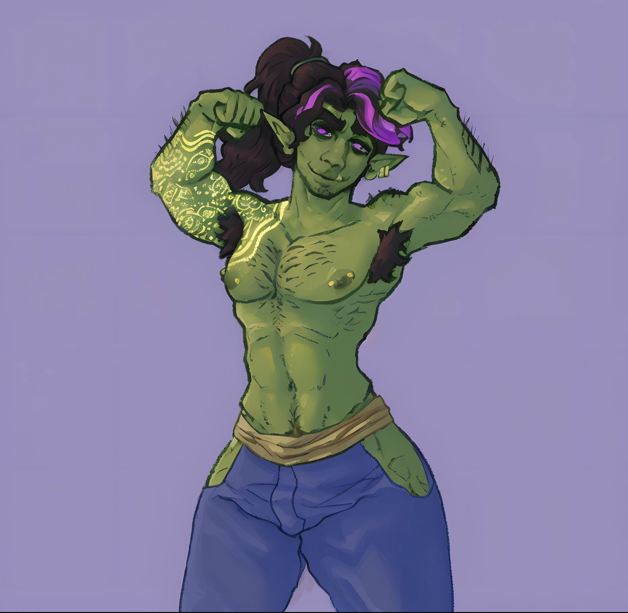 draw a sexy half orc, he has long hair and pierced nipples, his body is also hairy, he is wearing blue pants and flexing his biceps, facial hair.
