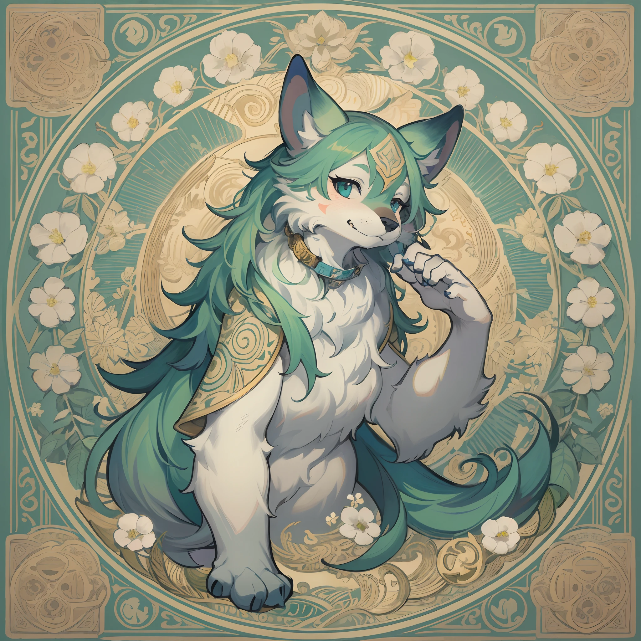 highres, top quality, best quality, paid reward available, High-quality illustrations by Alfons Mucha, unparalleled masterpiece, perfect artwork, absurdres, logo mark, stamp, Geometric pattern, vector-art, masterpiece(kemono, furry anthro)flower,