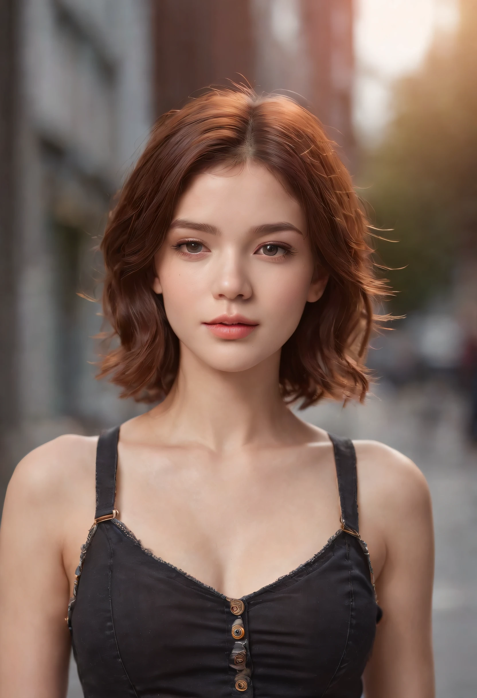 ((medium breast, tomboy girl,)),  (chiseled abs : 1.1), (perfect body : 1.1), (short wavy hair : 1.2) , auburn hair, collar, chain, full body shot, crowded street, wearing tanktop, jeans jacket, (torn clothes:1.3)((shorts)), (extremely detailed CG 8k wallpaper), (an extremely delicate and beautiful), (masterpiece), (best quality:1.0), (ultra highres:1.0),  beautiful lighting ,perfect lightning, realistic shadows, [highres], detailed skin, ultra-detailed (((colorful))),high realistic,