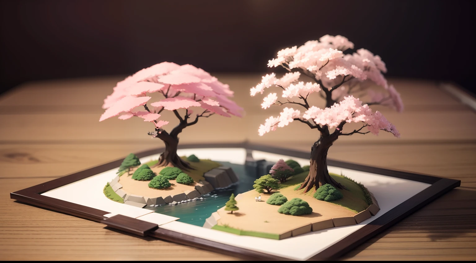 Paper Craft Semi-Three-Dimensional Landscape with Japan Cherry Blossoms