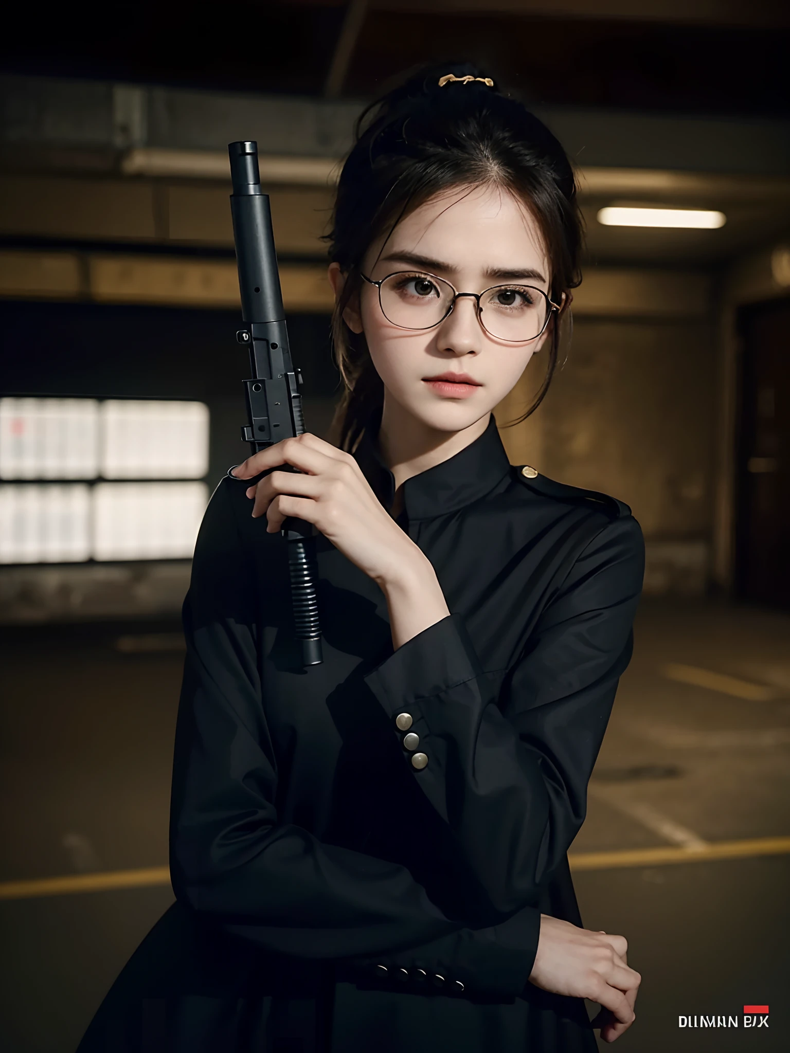 a woman in a black shirt and glasses holding a gun, warzone, warcore, warrior princess, war zone, warzone background, dilraba dilmurat, perfect military composure, emma watson vietnam door gunner, mighty princess of the wasteland, valkyrie, impeccable military composure, jordan lamarre - wan, princess of the wasteland, cover shot