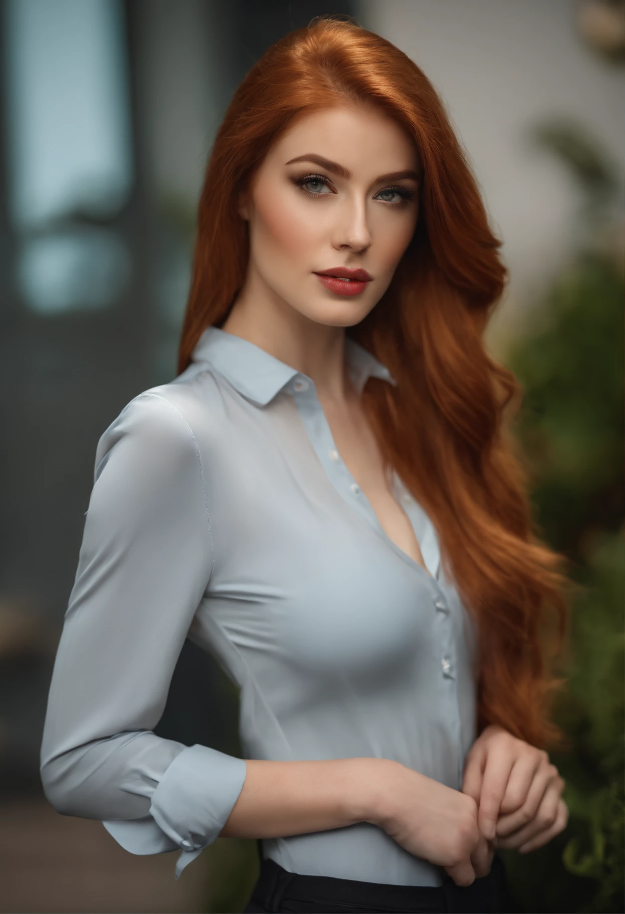 gorgeous woman, beautiful, black blouse, long long red hair , elegant appearance at the age of 30.
