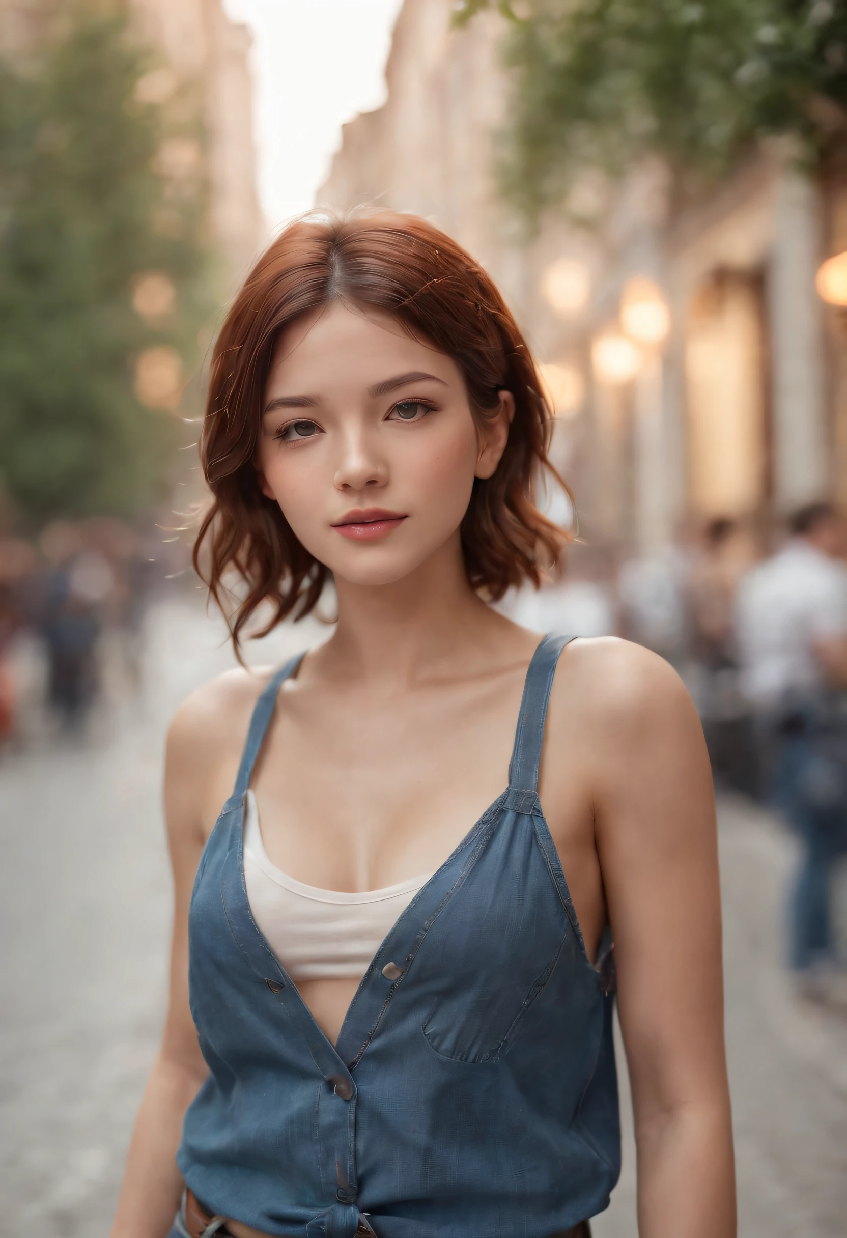 ((medium breast, tomboy girl,)),  (chiseled abs : 1.1), (perfect body : 1.1), (short wavy hair : 1.2) , auburn hair, collar, chain, full body shot, crowded street, wearing tanktop, jeans jacket, (torn clothes:1.3)((shorts)), (extremely detailed CG 8k wallpaper), (an extremely delicate and beautiful), (masterpiece), (best quality:1.0), (ultra highres:1.0),  beautiful lighting ,perfect lightning, realistic shadows, [highres], detailed skin, ultra-detailed (((colorful))),high realistic,