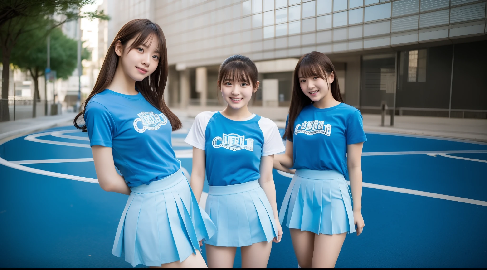 18-year-old cheergirl in a light blue miniskirt(T-shirt wearing)turns around