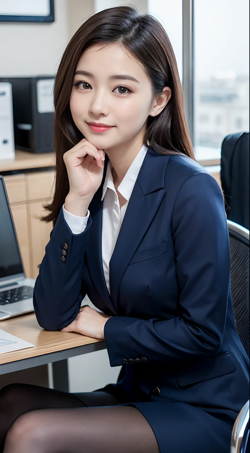close up of legs，45 degree side，woman, 23 years old，35mm masterpiece，Navy blue suit and mini bag，Gently place your left hand on your chin，Right hand holding chest，smile，Blur in the office。