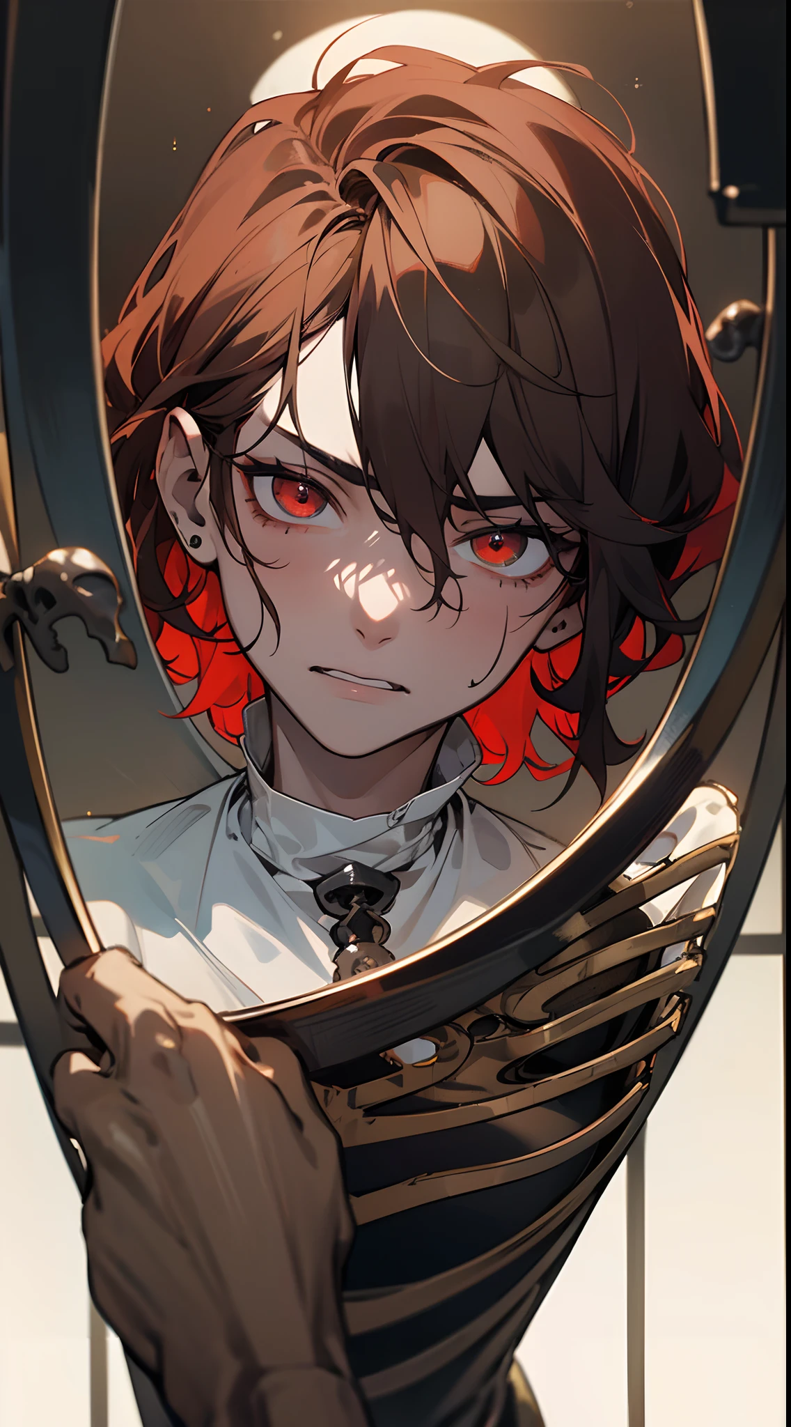 ((tmasterpiece)),(((beste-Qualit))), Close-up of frightened boy with brown hair, looking in the mirror, Subsurface scattering skin, Attractive humanoid, wearing white shirt, high detail, Skinny fantasy man, Fan art, Art, looks in the mirror, handsome male, Green eyes, fright, dread, small pupils, Skinny face, sunken cheeks, Melancholic appearance, sharp chin, Smooth face, earring in the ear, Hair gradient, hair color from brown to red, thin eyebrows, short hair on the side, pixie hairstyle, Wavy Hair, red-eyes, The Ancient Mirror, Mirror on the wall, Skeletons around, Skeletal creatures, dice, Black Souls, Scary black creature on top, Black slime hangs over the body, Black smoke, A Black Creature Without Boundaries, A chilling look, Cool dark shades, Additional lighting, A gloomy picture