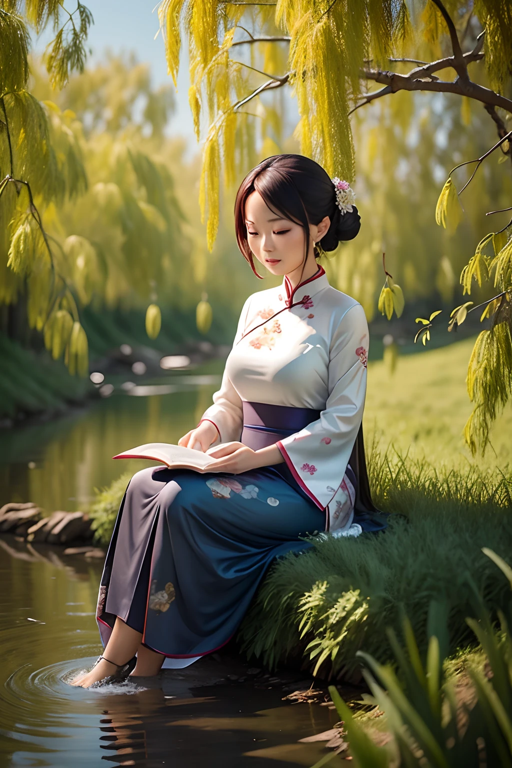 Gentle woman in cheongsam reading by a river overgrown with willow trees