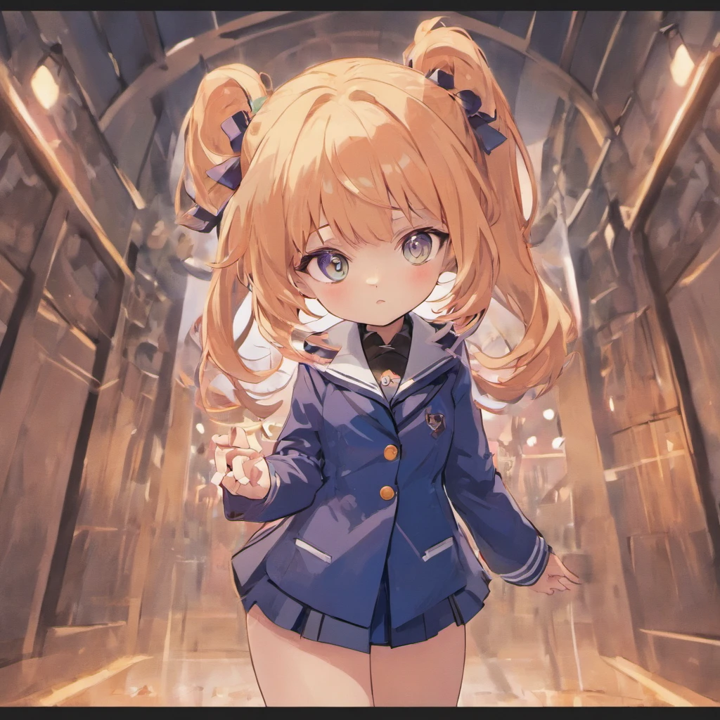 Very cute chibi anime girl, Mini Characters、Solo, Simple background, Beautiful twin tails 、 Pretty girl、Cute Chibi、 Dark blue blazer, Pink skirt、High School Uniform, Full body , Highly detailed face and eyes, The contours are clear、I put my hand on my cheek and was surprised.（Oh My Gar）