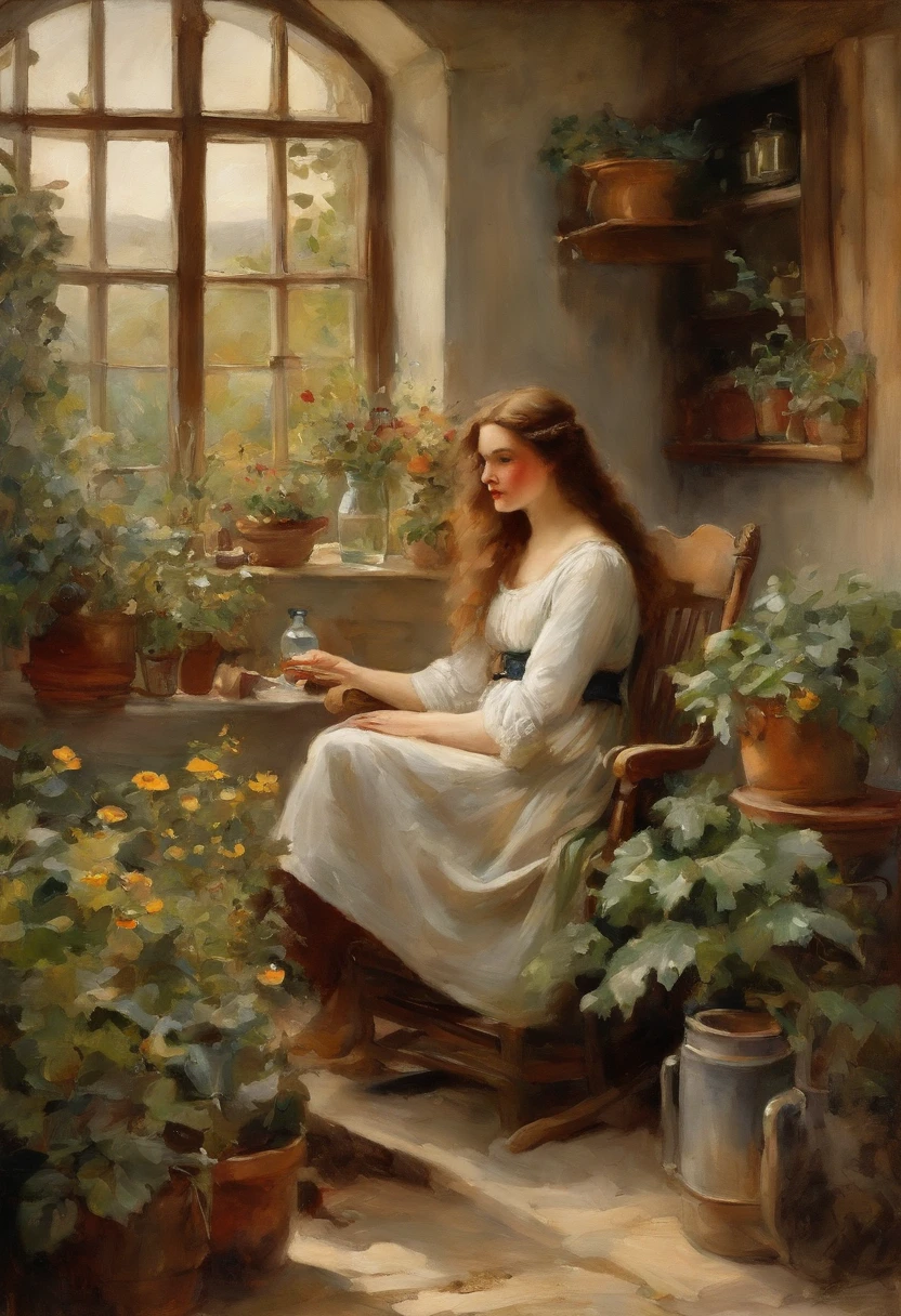 william waterhouse style painting, young maiden, long brown curly hair, {sitting in a rocking chair}, {wavy wild hair}, {holding a can of desperados} smoking a ciggerette} breast feeding twin babys with husband in the background, {barn house} {pot plants in the background}