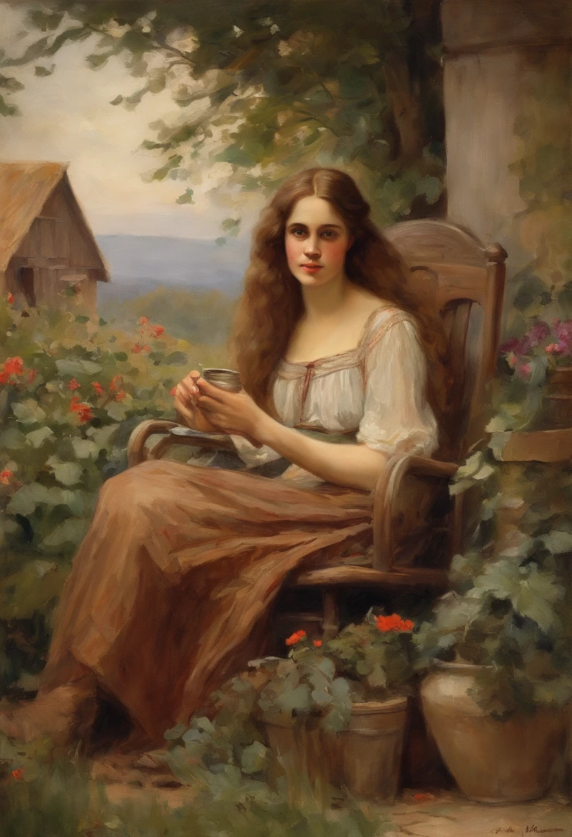 william waterhouse style painting, young maiden, long brown curly hair, {sitting in a rocking chair}, {wavy wild hair}, {holding a can of desperados} smoking a ciggerette} breast feeding twin s with husband in the background, {barn house} {pot plants in the background}