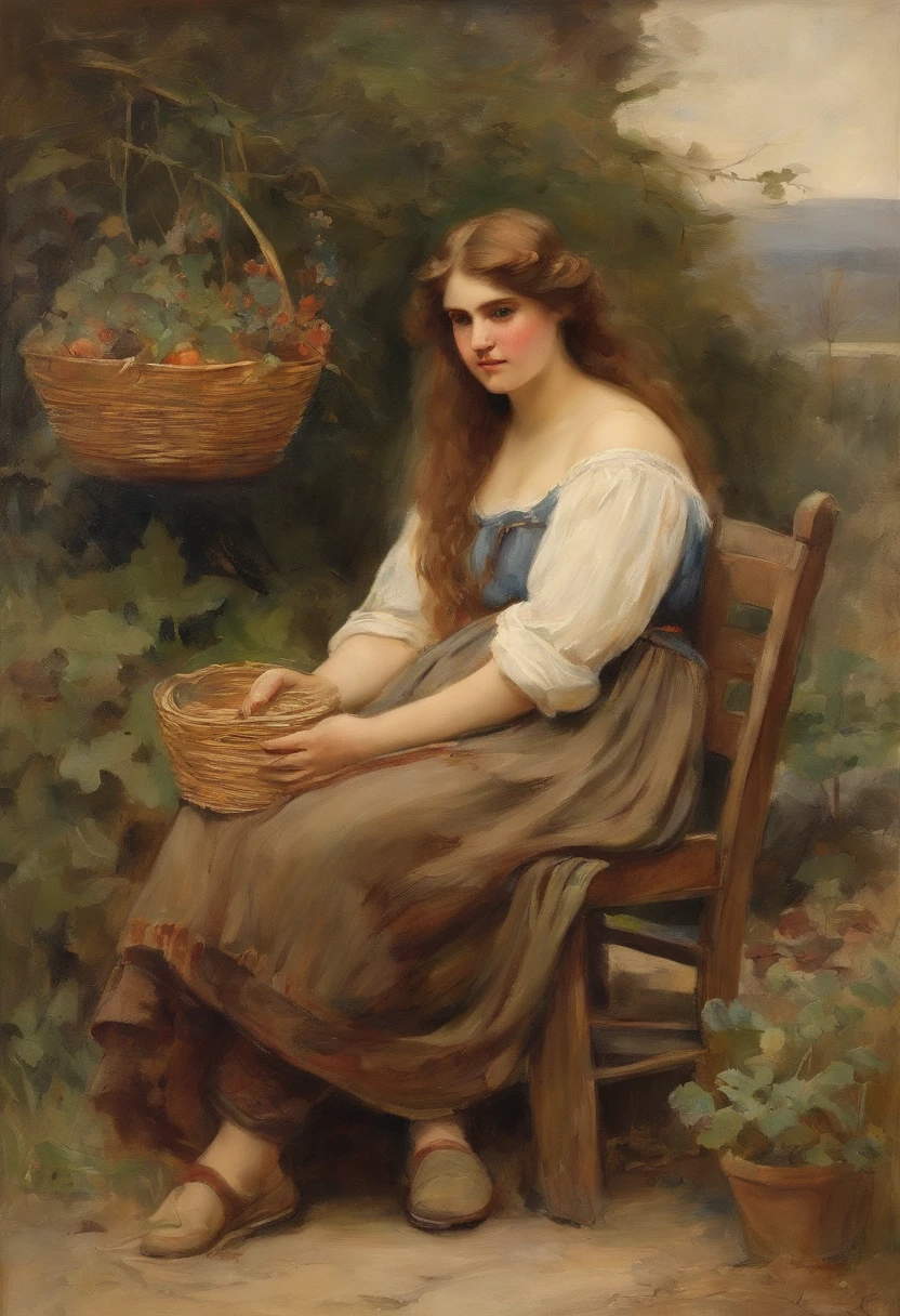 william waterhouse style painting, young maiden, long brown curly hair, {sitting in a rocking chair}, {wavy wild hair}, {holding a can of desperados} smoking a ciggerette} breast feeding twin babys with husband in the background, {barn house} {pot plants in the background}