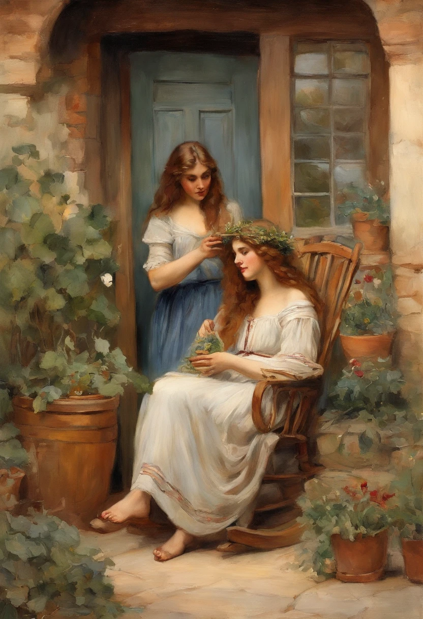 william waterhouse style painting, young maiden, long brown curly hair, {sitting in a rocking chair}, {wavy wild hair}, {holding a can of desperados} smoking a ciggerette} breast feeding twin s with husband in the background, {barn house} {pot plants in the background}