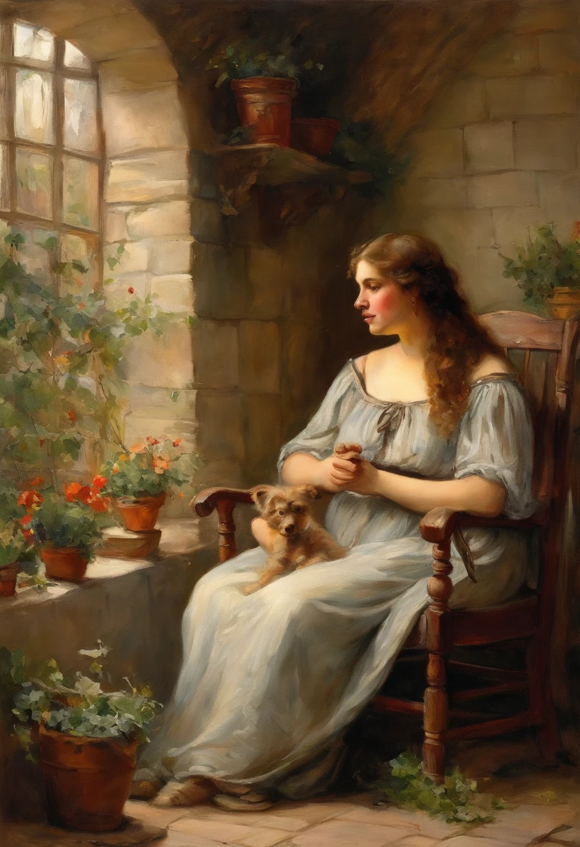 william waterhouse style painting, young maiden, long brown curly hair, {sitting in a rocking chair}, {wavy wild hair}, {holding a can of desperados} smoking a ciggerette} breast feeding twin s with husband in the background, {barn house} {pot plants in the background}