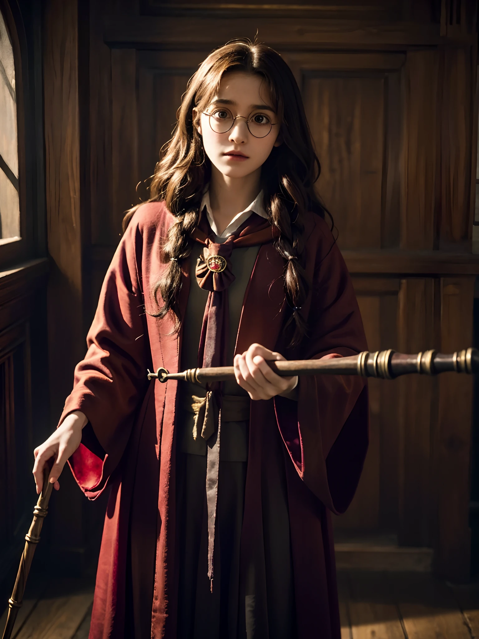 arafed photo of a woman dressed in a harry potter costume, a young female wizard, harry potter portrait, gryffindor, harry potter style, hermione granger, inspired by Hermione Hammond, photoshot, portrait shot, wizard themed, wearing hogwarts!!! robes!!!, she wears harry potter glasses, holding wands, harry potter, wearing an academic gown, classical witch