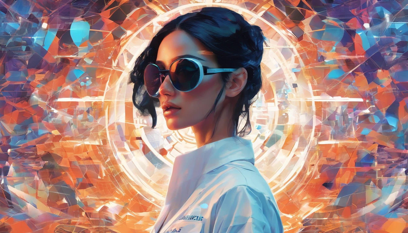 Portrait of an attractive beautiful woman with black hair with white doctor's costume, (altamente detalhado: 1.2), Hyper-detailed eyes and use of high-tech sunglasses with holographic display 1.2) ,Colorful multidimensional abstract geometric wall