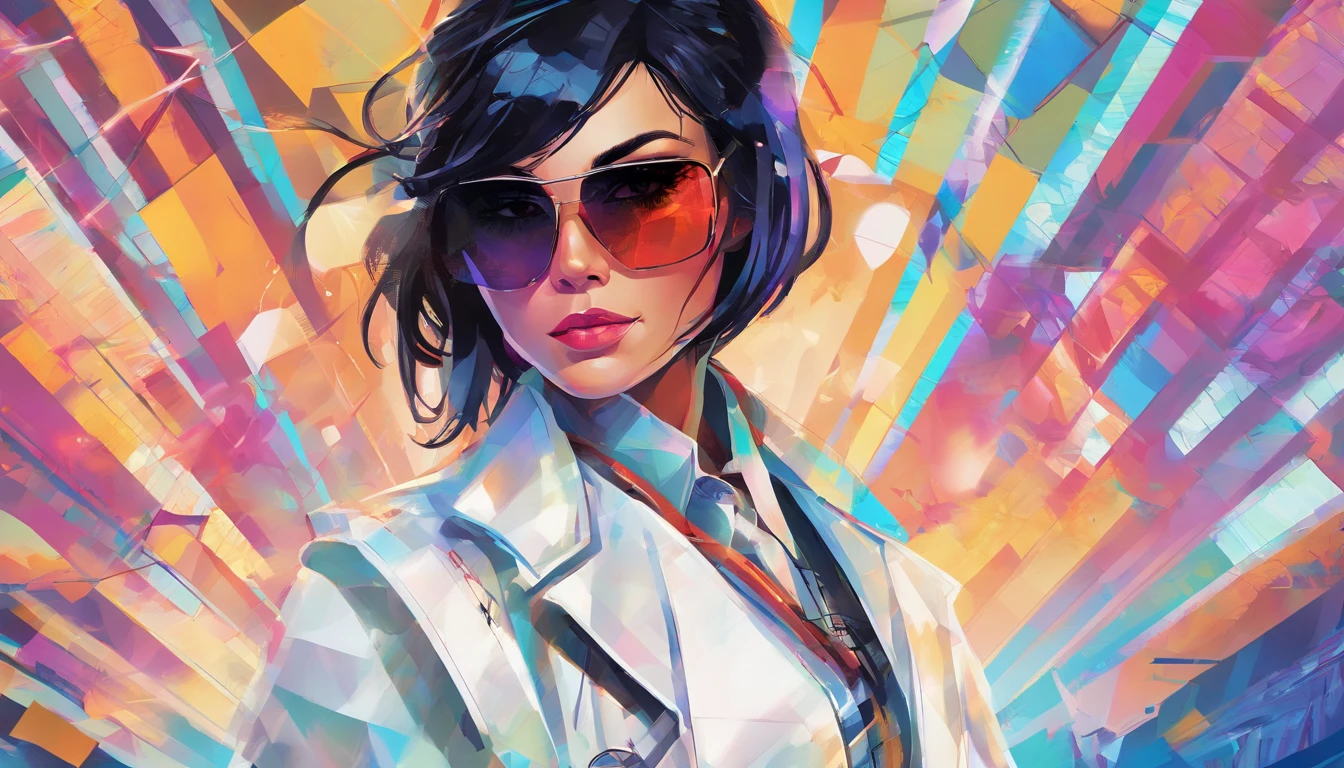 Portrait of an attractive beautiful woman with black hair with white doctor's costume, (altamente detalhado: 1.2), Hyper-detailed eyes and use of high-tech sunglasses with holographic display 1.2) ,Colorful multidimensional abstract geometric wall