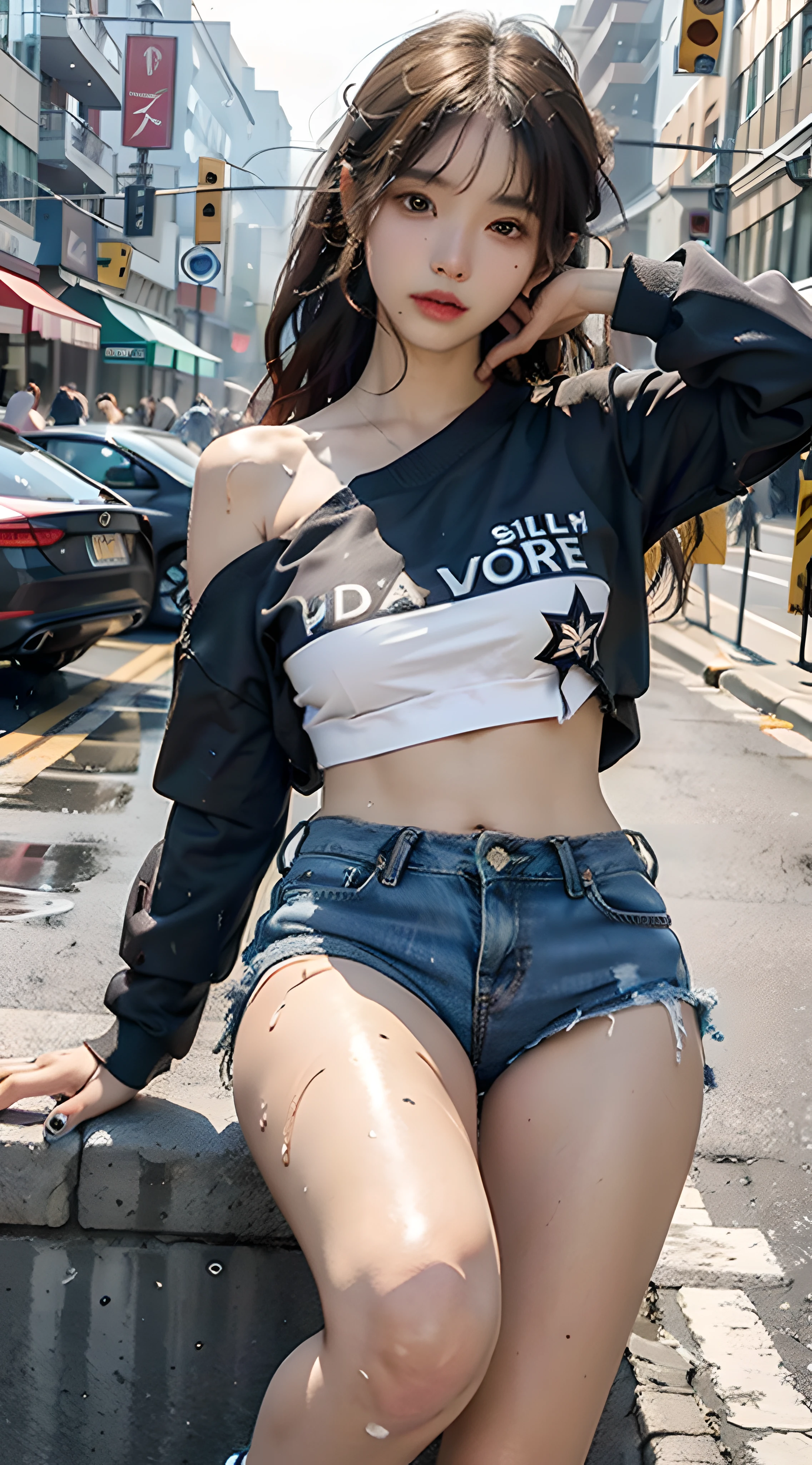 The highest image quality, masterpiece, The ultra-Highres, (Fidelity:1.4), a photo of, 1 girl in,Highly detailed face and skin texture, Detailed Eyes, photorealistic eyes, Beautiful detailed eyes, (Realistic skin), Attractive, The ultra-Highres, ultra realisic, highly detaild, Golden proportions, (sweatshirt, running shoes), Dim, A dark, despair, compassionate, poor, films, watery eyes, watery eyes, (ripped clothing: 1.5), ((wetclothes: 1.4)), bare shoulder, Real rain, Wet hair, ((South Korean, s whole body))