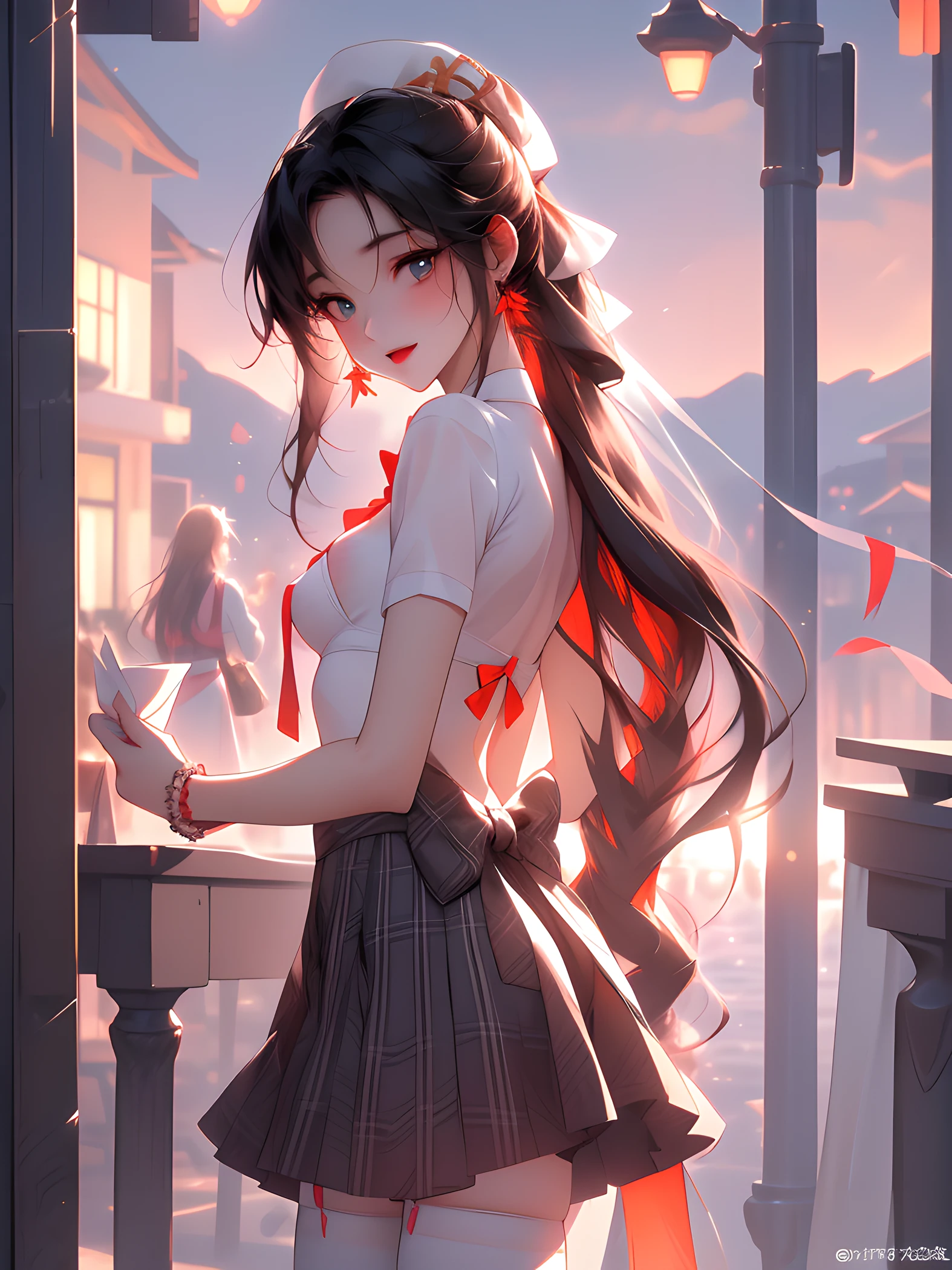 Anime images of two girls in uniform, Ecchi anime style, oppai, Twin-tailed, Big breasts!!, Ecchi style, Ecchi, with a big chest, Anime Girls, anime maids riding early tanks, Teasing smile, shipgirls, anime moe art style, small curvy , (tomgirl, small head)), (well-defined abs: 1.1), (perfect bodies: 1.1), (Short length straight short hair: 1.2), attractive collarbone, (Highly detailed CG 8K wallpapers(, (Very sophisticated, Beautiful fece), (tmasterpiece), (best qualtiy：1.0), (超A high resolution：1.0), Upper body photo, [hight resolution], Bright, Smile, Smooth, Completely fair skin,, ultra - detailed, elongated legs, (Small breasts:1.1), flat chest, Underbust, slim, emaciated, No bra, Maxi pink apron, At home, In the dining room, Turquoise background, Sideways, Close Shot, nightfall, Warm light, Dining table, A few dishes on the table, ​masterpiece, high quality best quality,1girl in, bangss, the beach, Blue_skyporn, red blush, the bow, breastsout, Checkered pattern, checkered_Shirt, checkered_Skirt, ​​clouds, cloudy_skyporn, 鎖骨, tag, buste, give, Grassy, hair_Bow, heart mark, ngel, Holding_Letter, Horizon, incoming_gift, kazami_yuuka, leaning_Forward, lens_f lare, The letter, light_Rays, long_hair, up looking_で_viewer, koi_Letter, mont, mountainous_Horizon, mare, plein air, Plaid, Plaid_Background, Plaid_bikini of, Plaid_Bow, Plaid_bowtie, Plaid_Bra, Plaid_Dress, Plaid_Hats, Plaid_Jacket, Plaid_legwear very, Plaid_neck tie, Plaid_neckwear, Plaid_Panties, Plaid_Pants, Plaid_bow ribbon, Plaid_scarf, Plaid_Shirt, Plaid_Skirt, Plaid_vests, POV, The shirt, skirt by the, Skysky, A smile, 独奏, suns, Sun'rays, sunlights, The tree, unmoving_Pattern, Best Quality, masutepiece,Half body,,1girll,(Face Focus:1.2), Brown hair, Long hair,Brown eyes, Hair between the eyebrows,,bow ribbon,Peach dyeing,,tiered dress, White Dress,Hand up,,Outdoors,a park, streetlights,the wind,,Night,