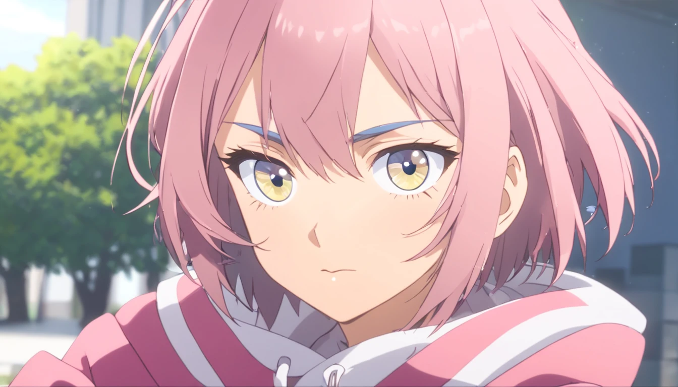 ShizukaMikazuki, Shizuka Mikazuki, short hair, cabelo roxo, ornamento de cabelo, grampo de cabelo, (olhos cor-de-rosa:1.5), franja varrida, (peito pequeno:1.2), QUEBRAR umbigo, clivagem, suit jacket, roupas abertas, diafragma, Hood, jaqueta aberta, Jaqueta azul, jaqueta com capuz, sports bra, hood down, quebrar olhando para o espectador, quebrar ao ar livre, quebrar (master part:1.2), melhor qualidade, high resolution, Unity 8k papel de parede, (illustration:0.8), (belos olhos detalhados:1.6), Rosto extremamente detalhado, perfect lighting, CG extremamente detalhado, (perfect hands, anatomia perfeita),