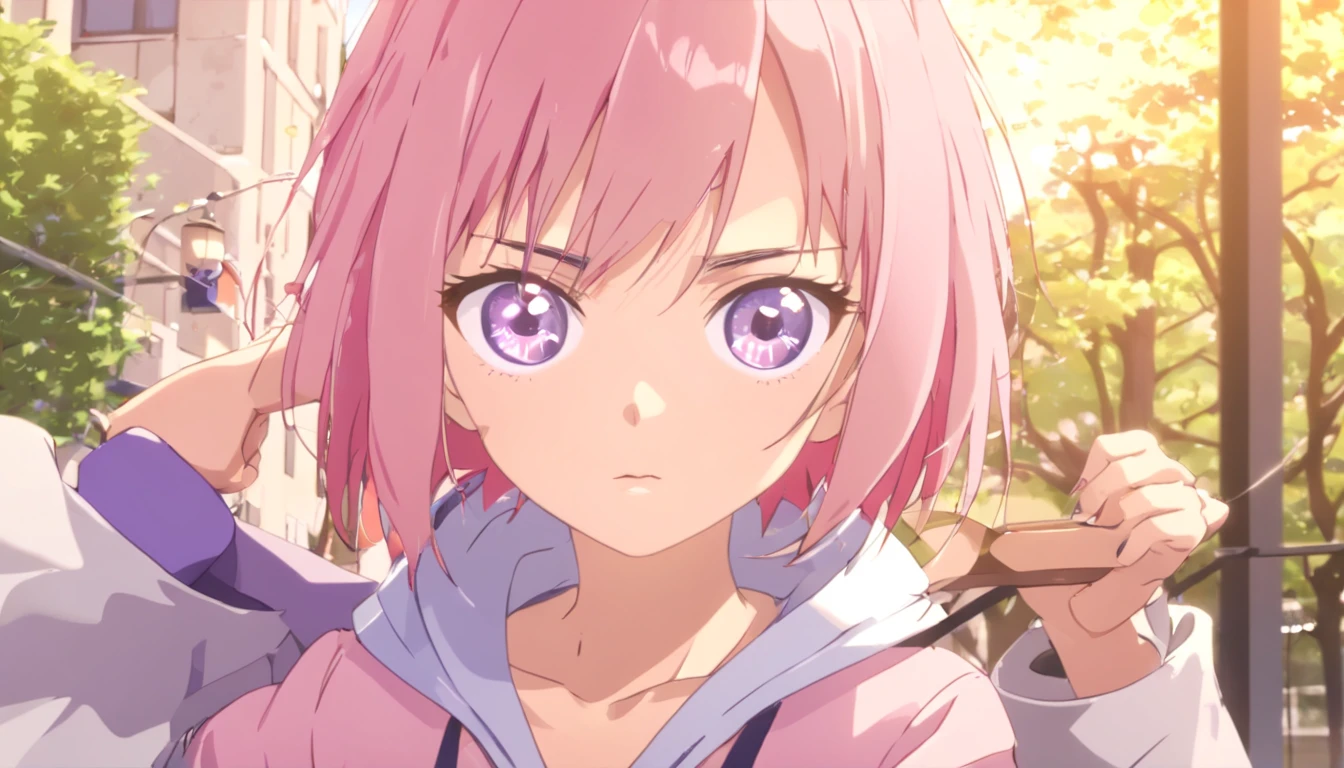 ShizukaMikazuki, Shizuka Mikazuki, short hair, cabelo roxo, ornamento de cabelo, grampo de cabelo, (olhos cor-de-rosa:1.5), franja varrida, (peito pequeno:1.2), QUEBRAR umbigo, clivagem, suit jacket, roupas abertas, diafragma, Hood, jaqueta aberta, Jaqueta azul, jaqueta com capuz, sports bra, hood down, quebrar olhando para o espectador, quebrar ao ar livre, quebrar (master part:1.2), melhor qualidade, high resolution, Unity 8k papel de parede, (illustration:0.8), (belos olhos detalhados:1.6), Rosto extremamente detalhado, perfect lighting, CG extremamente detalhado, (perfect hands, anatomia perfeita),
