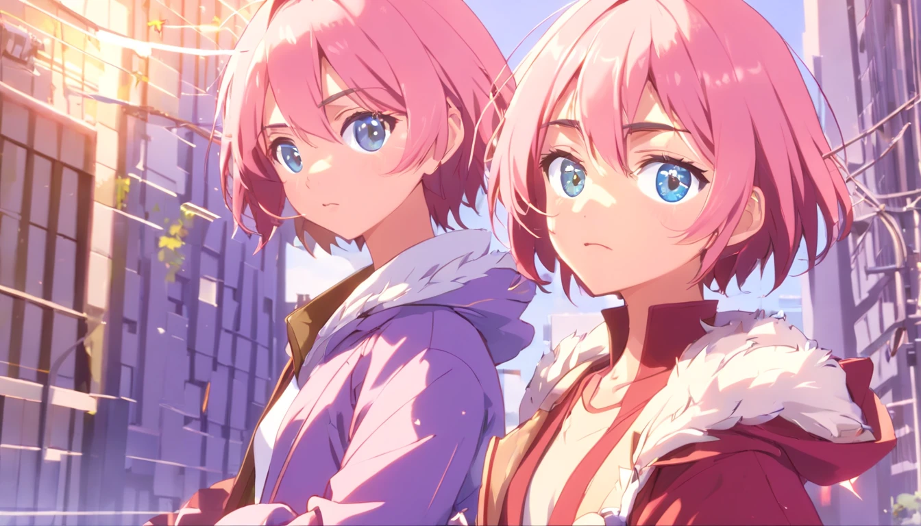 ShizukaMikazuki, Shizuka Mikazuki, short hair, cabelo roxo, ornamento de cabelo, grampo de cabelo, (olhos cor-de-rosa:1.5), franja varrida, (peito pequeno:1.2), QUEBRAR umbigo, clivagem, suit jacket, roupas abertas, diafragma, Hood, jaqueta aberta, Jaqueta azul, jaqueta com capuz, sports bra, hood down, quebrar olhando para o espectador, quebrar ao ar livre, quebrar (master part:1.2), melhor qualidade, high resolution, Unity 8k papel de parede, (illustration:0.8), (belos olhos detalhados:1.6), Rosto extremamente detalhado, perfect lighting, CG extremamente detalhado, (perfect hands, anatomia perfeita),
