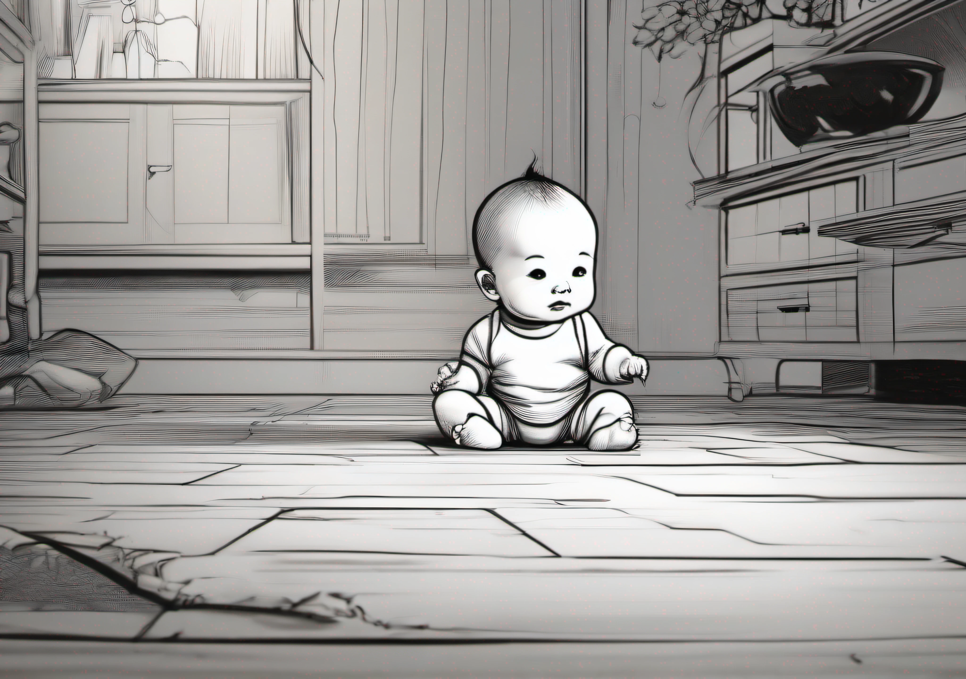 (Chinese baby baby),He only has a few hairs,He crawled on the ground,Fundo sala de estar,Sketch style,Black and white line drawing,Medium shot,wide wide shot,8K,