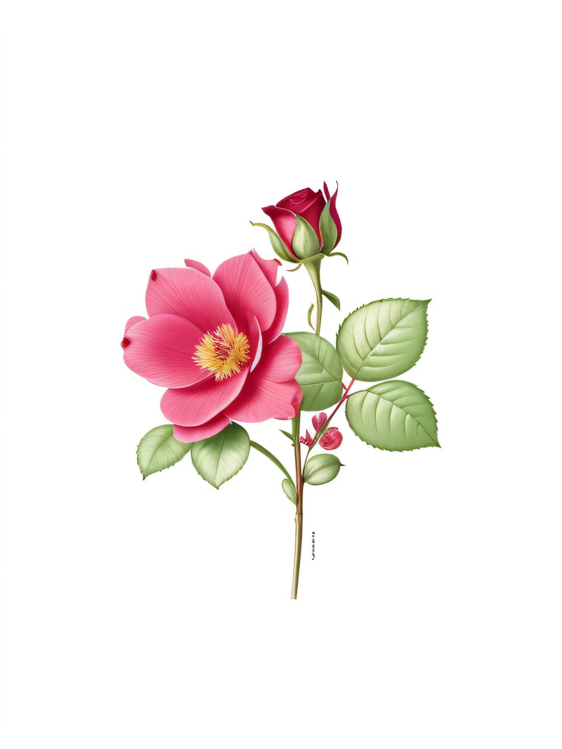 a close up of a flower with leaves and a flower bud, rose twining, depicting a flower, botanic, rose, rosa bonheurn, victoria, rose-brambles, natural point rose', botanical art, pink flower, flower motif, botanical, 3 1, pink rose, flower, pink rosa, vintage art, a digital rendering, photo of a rose
