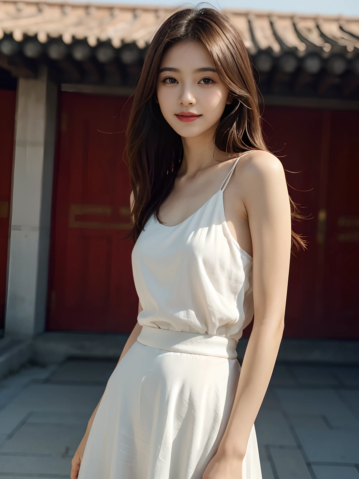 araffe asian woman in white dress posing for a picture, gorgeous young korean woman, beautiful south korean woman, beautiful young korean woman, photo of slim girl model, dilraba dilmurat, wearing white camisole, gorgeous chinese model, jinyoung shin, korean girl, heonhwa choe, korean women's fashion model, pale milky white porcelain skin