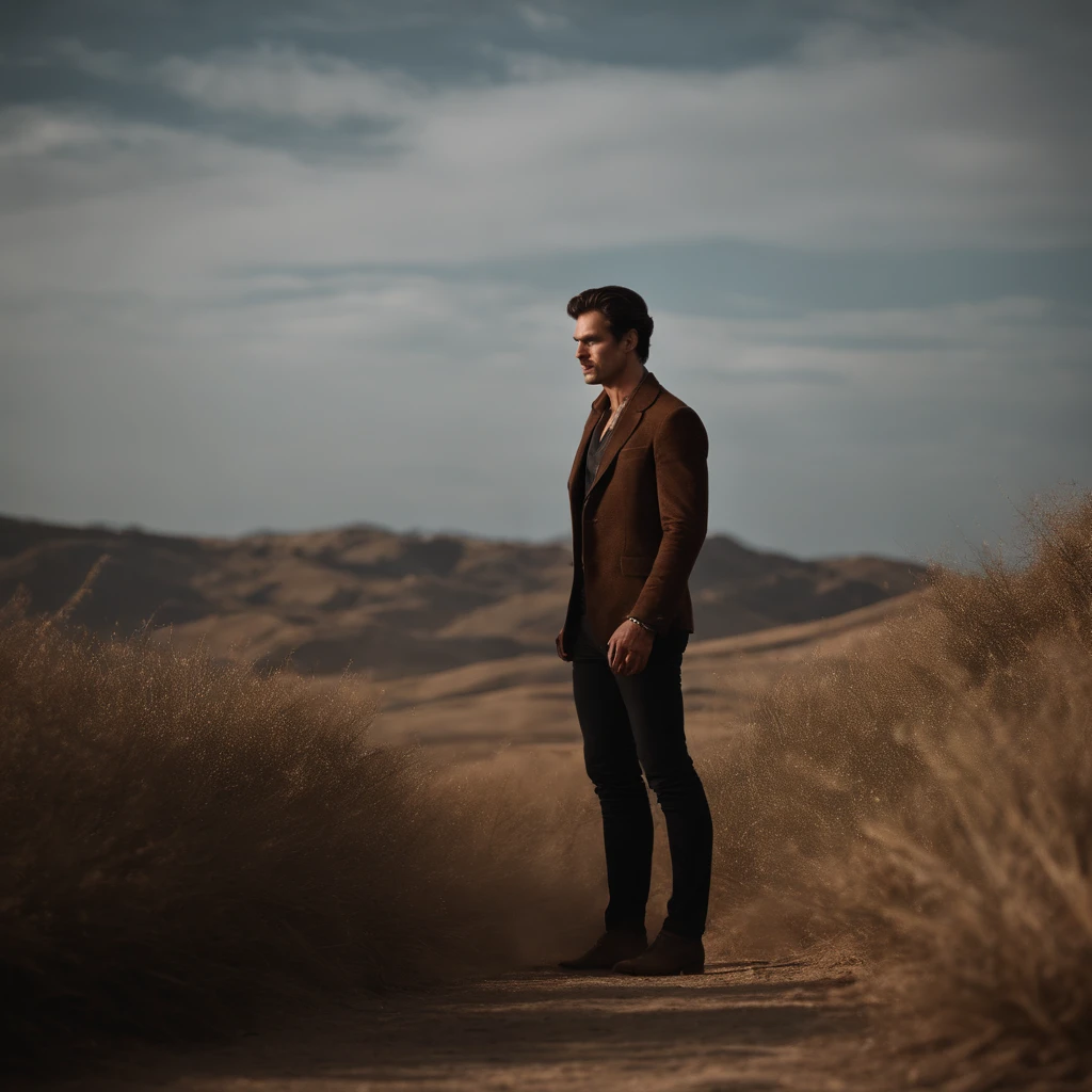 A tall man. Dark brown hair, velvety brown eyes, a slightly hooked nose and thin but well-defined lips. Broad shoulders, long legs and graceful arms. Has an expressive look. Vampire hunter.