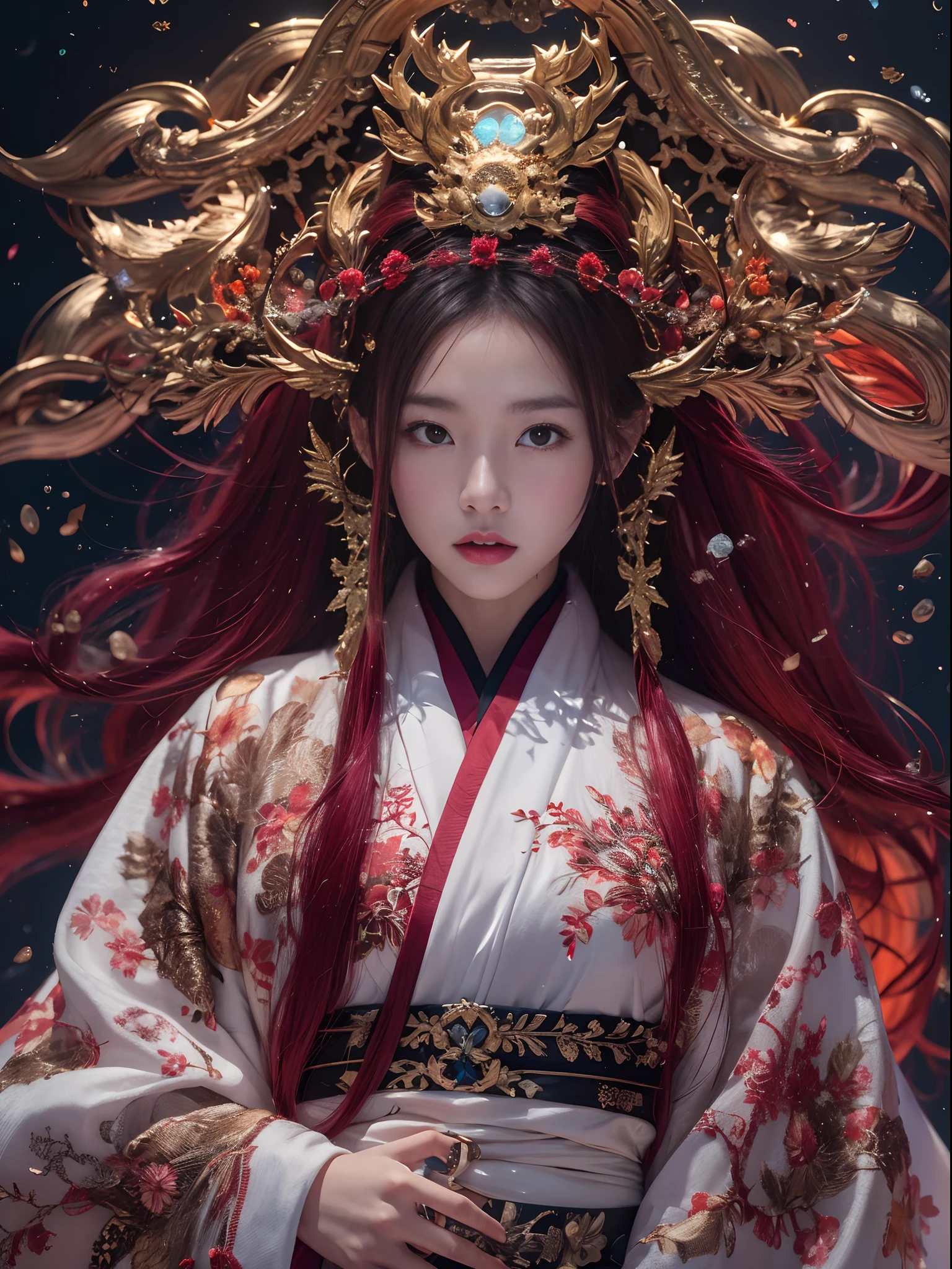 Flame Girl, Yao Lang protector, Chinese girl, flowing hair, burgundy hair, Onsen District, python pattern robe, Black gold master Kawashima work headdress, gradient glass texture, ultra-realistic, (masterpiece, hyper HD, 32K), Snowflakes fluttering, high resolution, detailed, RAW photograph, Nikon D850 Film Stock Photo by Jefferies Lee 4 Kodak Portra 400 Camera F1.6 shots, cinestill 800 film, Rich colors, vivid textures, Dramatic lighting, Unreal Engine, trending on ArtStation