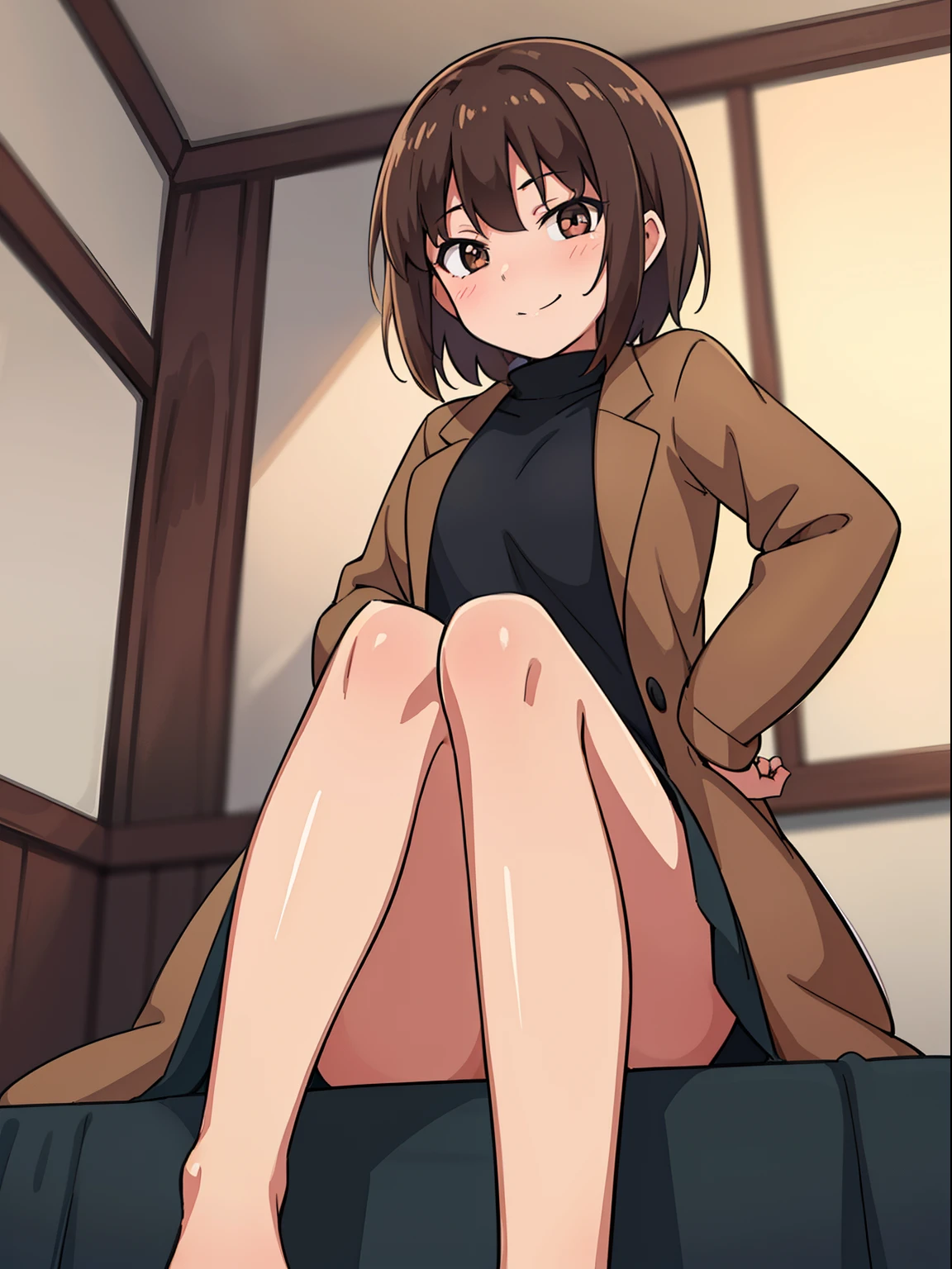 hiquality, tmasterpiece (One adult girl). short brown hair. smile on face. brown eye. The clothes: brown jacket over black sweater. blackskirt. bare feet. In the background of the room