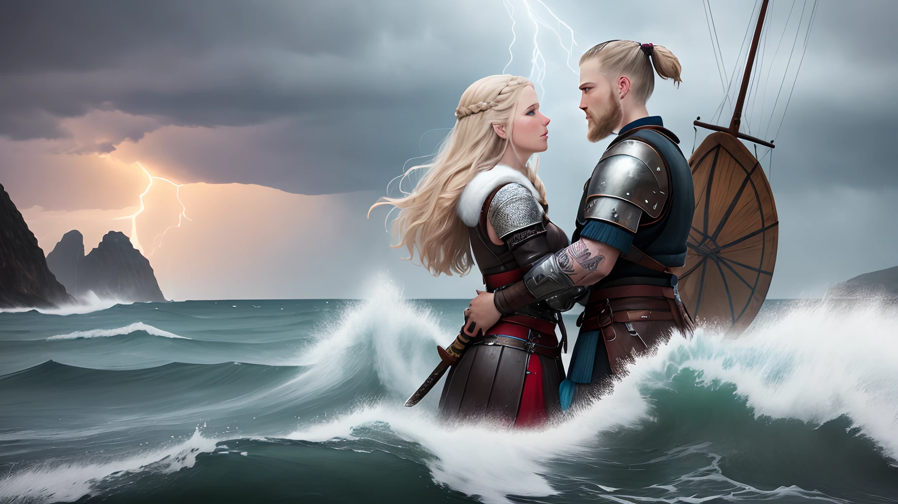 In the wild Norwegian north, in the stormy sea, where icebergs, a storm, a lightning storm, sea spray and waves are approaching the Viking ships, a ship with Viking warriors in clothes with fur trim, in leather armor, with weapons, in the foreground with Ragnar beautiful tattoos in the northern style, a beautiful face, an athletic figure, points with a sword in the direction of the rocks that are hidden in the haze. Nearby, the beautiful blonde Lagertha with blue eyes and beautiful braids, styled in a breathtaking hairstyle, looks at him with loving eyes. They are together. And they will win this battle with the sea elements!, style: 4k   -style9