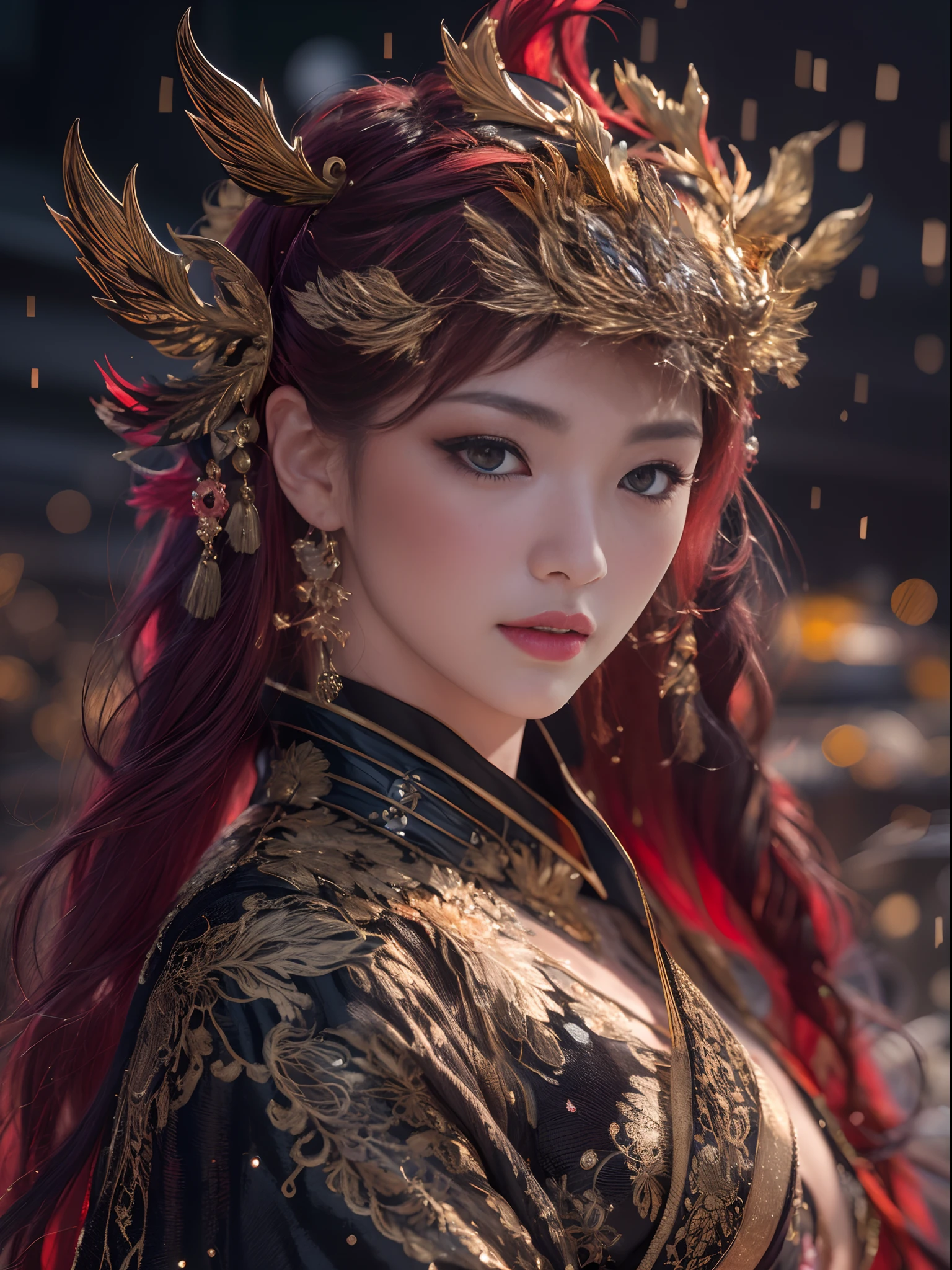 Flame Girl, Yao Lang protector, Chinese girl, flowing hair, burgundy hair, Onsen District, python pattern robe, Black gold master Kawashima work headdress, gradient glass texture, ultra-realistic, (masterpiece, hyper HD, 32K), Snowflakes fluttering, high resolution, detailed, RAW photograph, Nikon D850 Film Stock Photo by Jefferies Lee 4 Kodak Portra 400 Camera F1.6 shots, cinestill 800 film, Rich colors, vivid textures, Dramatic lighting, Unreal Engine, trending on ArtStation