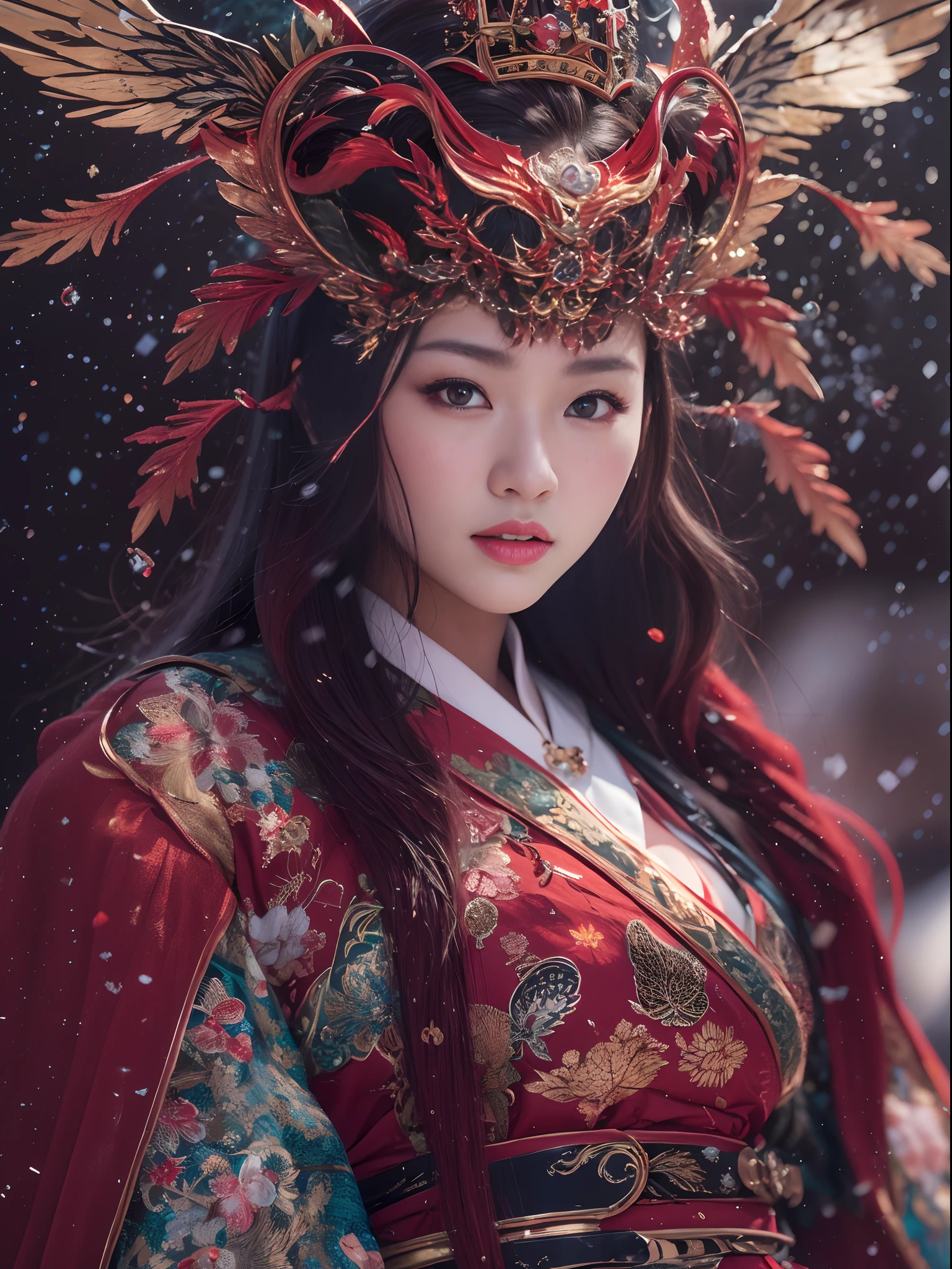 Flame Girl, Yao Lang protector, Chinese girl, flowing hair, burgundy hair, Onsen District, python pattern robe, Black gold master Kawashima work headdress, gradient glass texture, ultra-realistic, (masterpiece, hyper HD, 32K), Snowflakes fluttering, high resolution, detailed, RAW photograph, Nikon D850 Film Stock Photo by Jefferies Lee 4 Kodak Portra 400 Camera F1.6 shots, cinestill 800 film, Rich colors, vivid textures, Dramatic lighting, Unreal Engine, trending on ArtStation