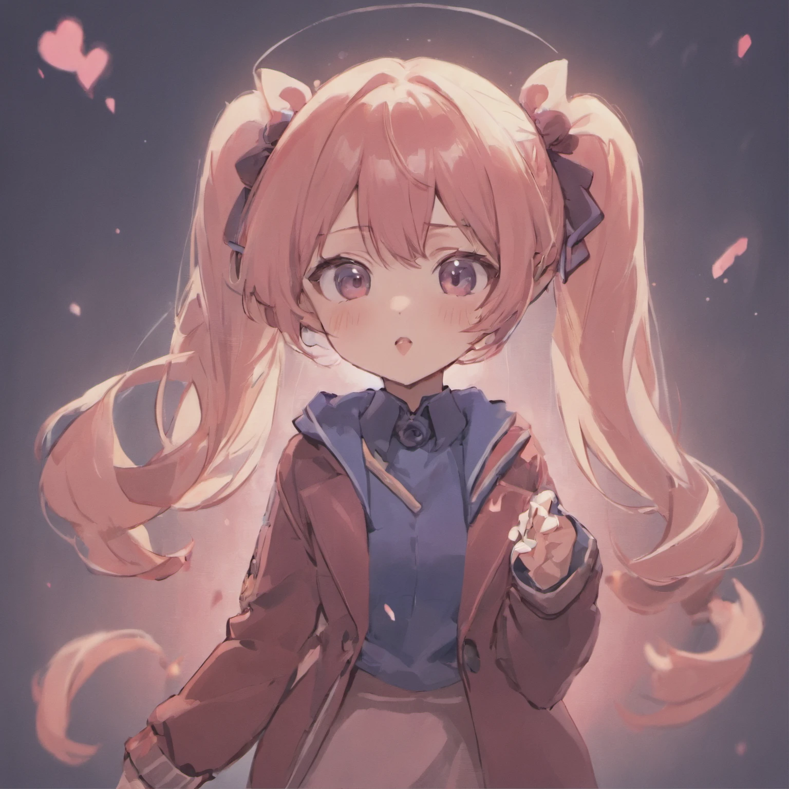 Very cute chibi anime girl, Mini Characters、Solo, Simple background, Beautiful twin tails 、 Pretty girl、Cute Chibi、 Dark blue blazer, Pink skirt、High School Uniform, Full body , Highly detailed face and eyes, The contours are clear、I put my hand on my cheek and was surprised.(Oh My Gar)