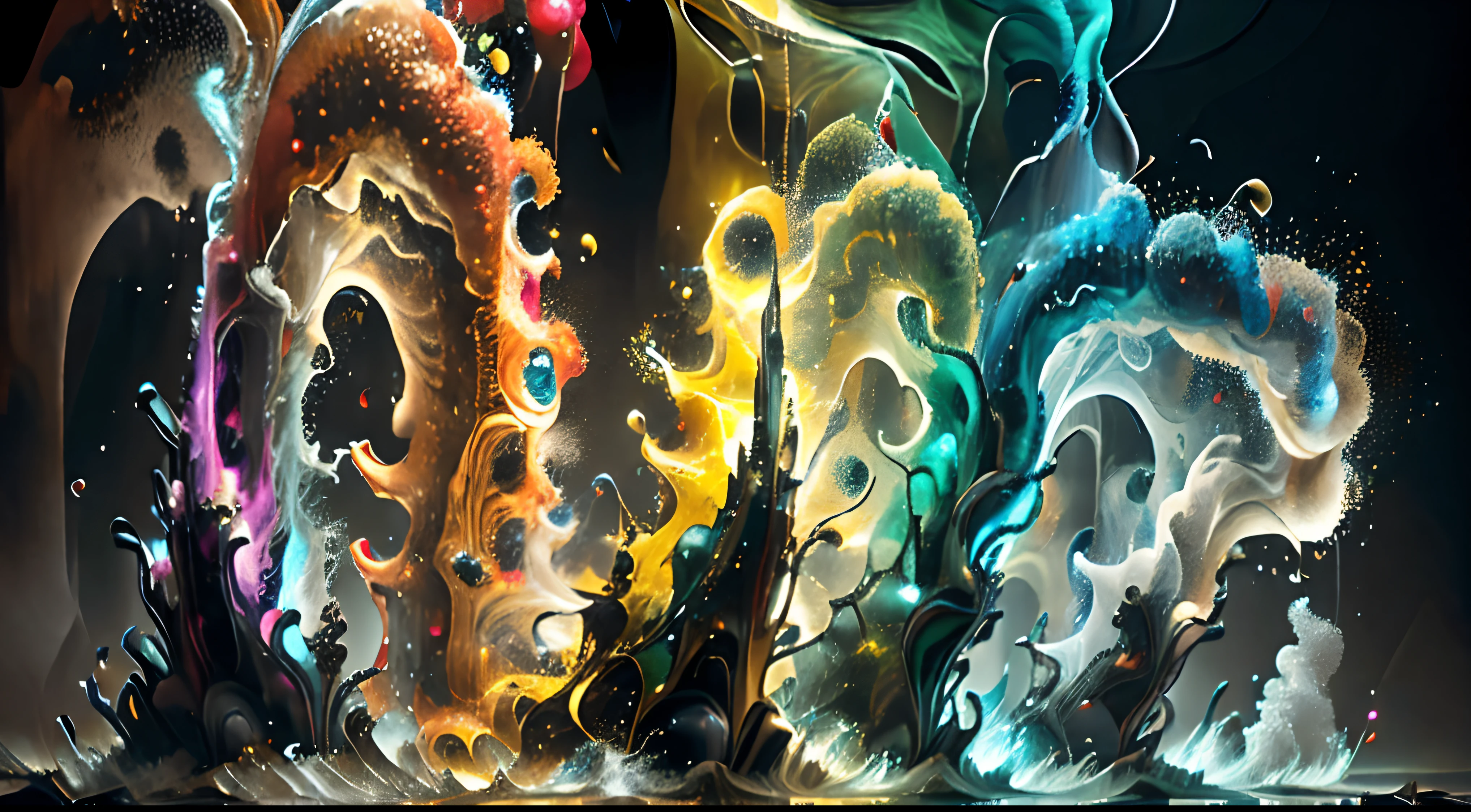 Obra de Arte abstracto multicolor en movimiento.Arte de Alberto Severo. Un primer plano de chorros y corrientes de metales preciosos fundidos que chocan entre si y forman , inmensas cantdades de gotas multicolores y chorros metalicos de oro, plata, cobre mercurio, que burbujean ,explotan ,remolinean y fluyen y ocupan todo el espacio, nubes de fluidos de colores metalicos dorados, plateados, cobrizos brillantes y tornasolados,burbujas tornasoladas, ,remolinos de gotas tornasoladas que giran y escapan.Crea una fascinante obra de arte abstracta con un enfoque en la fluidez y el movimiento. Utilice una paleta de colores rica y diversa, Blend tones seamlessly to evoke a sense of continuous movement, Background of psychedelic fuids in motion. Arte de los fluidos en movimiento