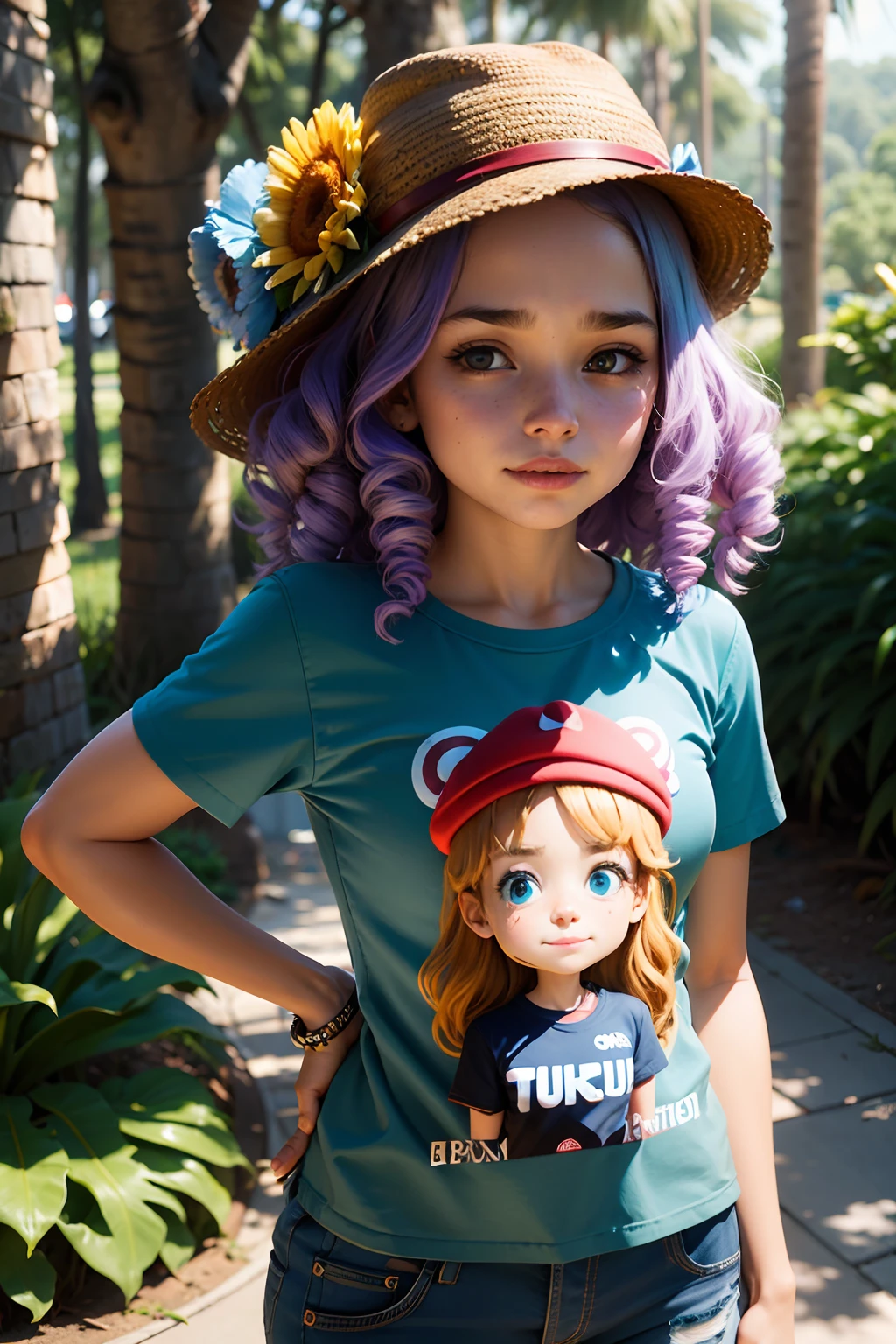 Menina de 12 anos, cabelos loiros, corpo inteiro, Alegre, Feliz, Realistic, Cartoon, Funko, vestindo camiseta branca e bermuda azul, Crazy hat with flowers head, Realistic, master part, Executando, floresta,