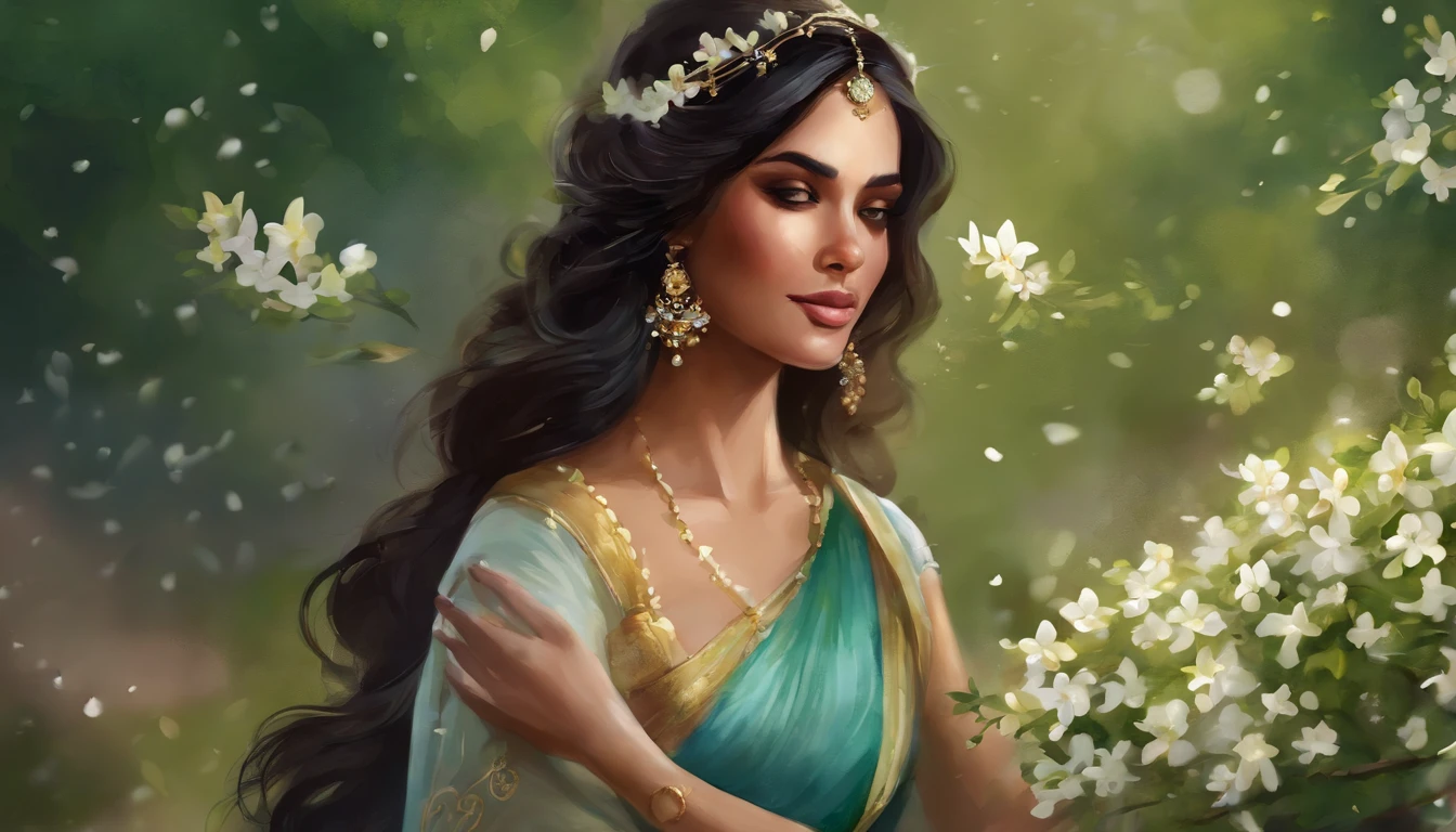 wtrcolor style, digital art of (jasmine), official art, blown by the wind, masterpiece, beautiful, ((watercolor)), paint splatter, intricate details. Great detail, [dripping:0.7], Trending on Artstation, Rachel Walker