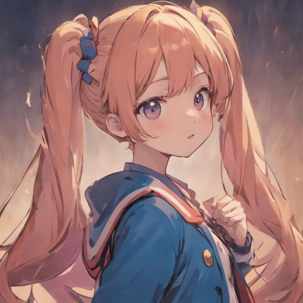 Very cute chibi anime girl, Mini Characters、Solo, Simple background, Beautiful twin tails 、 Pretty girl、Cute Chibi、 Dark blue blazer, Pink skirt、High School Uniform, Full body , Highly detailed face and eyes, The contours are clear、I put my hand on my cheek and was surprised.(Oh My Gar)