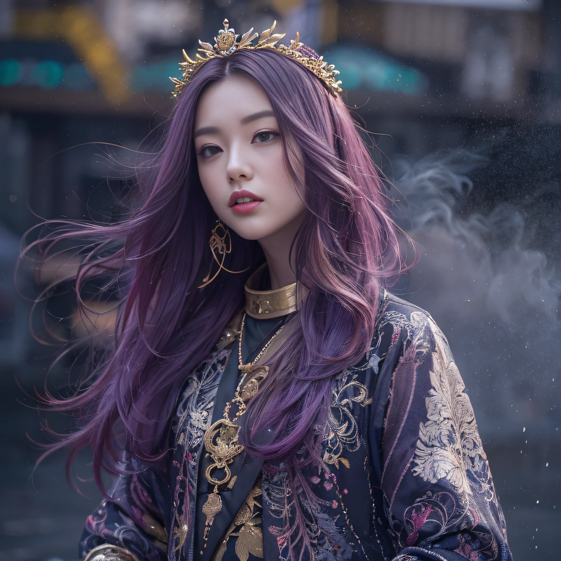 Genki Girl 32K(tmasterpiece,k hd,hyper HD,32K)Long flowing bright purple hair,Autumn Pond,zydink, a color,Silent (The astronaut), (Black and gold scarf), Combat posture, looking at the ground, long whitr hair, Floating bright purple, Fire cloud pattern gold tiara, Chinese long-sleeved gold silk garment, (Abstract metaverse splash:1.2), white backgrounid,Lotus vitality protector(realisticlying:1.4),Bright purple hair,Smoke on the road,The background is pure, A high resolution, the detail, RAW photogr, Sharp Re, Nikon D850 Film Stock Photo by Jefferies Lee 4 Kodak Portra 400 Camera F1.6 shots, Rich colors, ultra-realistic vivid textures, Dramatic lighting, Unreal Engine Art Station Trend, cinestir 800,A girl with long flowing bright purple hair