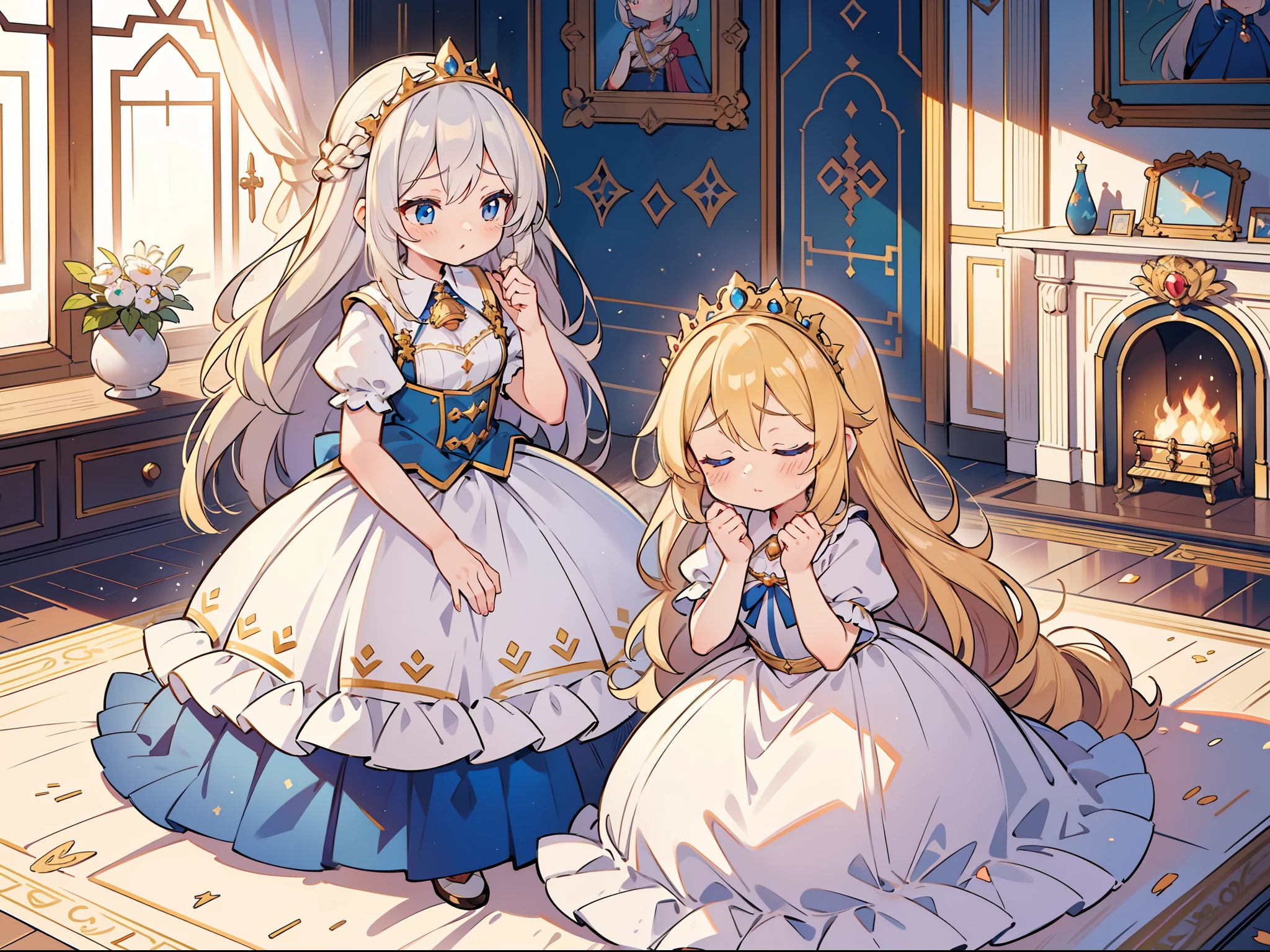 I have 2 girls. (Both look very sleepy and rub their eyes). There are two in the bedroom of the royal palace. There are two princesses in dresses with golden embroidery.Room with fireplace.There is a silver-haired blue-eyed princess and a blonde blue-eyed princess.rub your eyes sleepily.high-level image quality.