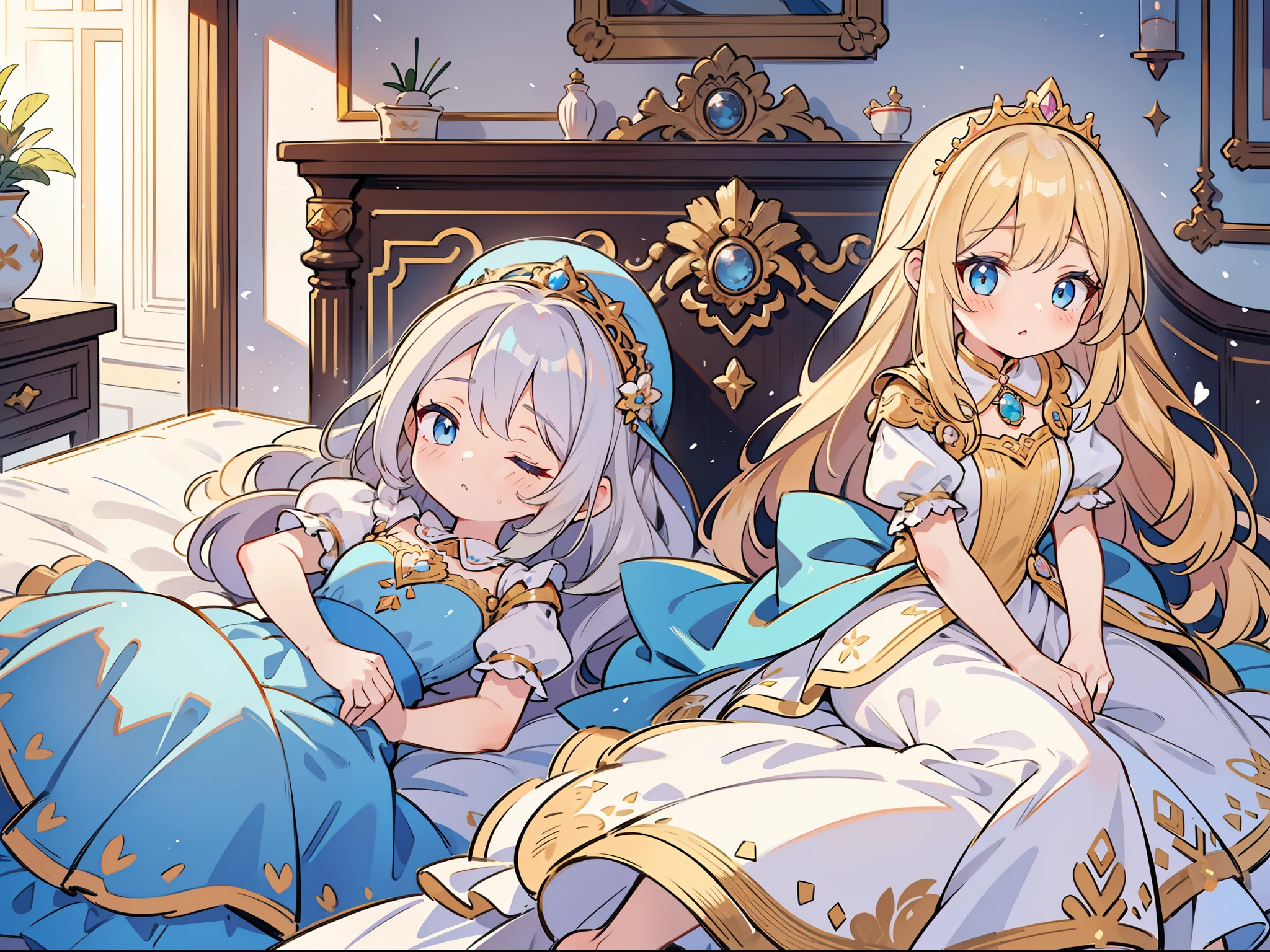 I have 2 girls. (rub your eyes). There are two in the bedroom of the royal palace. There are two princesses in dresses with golden embroidery.Room with fireplace.There is a silver-haired blue-eyed princess and a blonde blue-eyed princess.rub your eyes sleepily.high-level image quality.