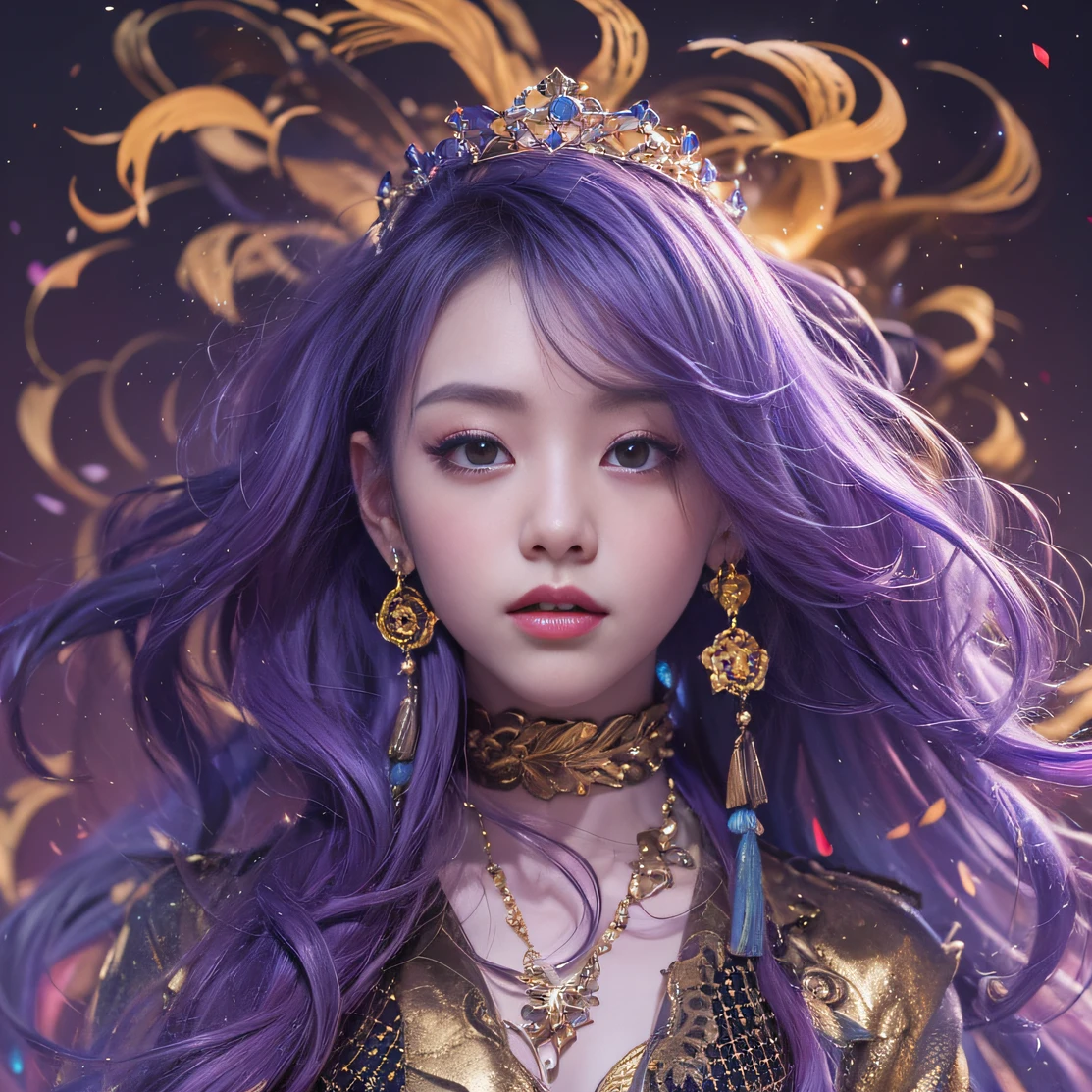 Genki Girl 32K（tmasterpiece，k hd，hyper HD，32K）Long flowing bright purple hair，Autumn Pond，zydink， a color，Silent （The astronaut）， （Black and gold scarf）， Combat posture， looking at the ground， long whitr hair， Floating bright purple， Fire cloud pattern gold tiara， Chinese long-sleeved gold silk garment， （Abstract metaverse splash：1.2）， white backgrounid，Lotus vitality protector（realisticlying：1.4），Bright purple hair，Smoke on the road，The background is pure， A high resolution， the detail， RAW photogr， Sharp Re， Nikon D850 Film Stock Photo by Jefferies Lee 4 Kodak Portra 400 Camera F1.6 shots, Rich colors, ultra-realistic vivid textures, Dramatic lighting, Unreal Engine Art Station Trend, cinestir 800，A girl with long flowing bright purple hair